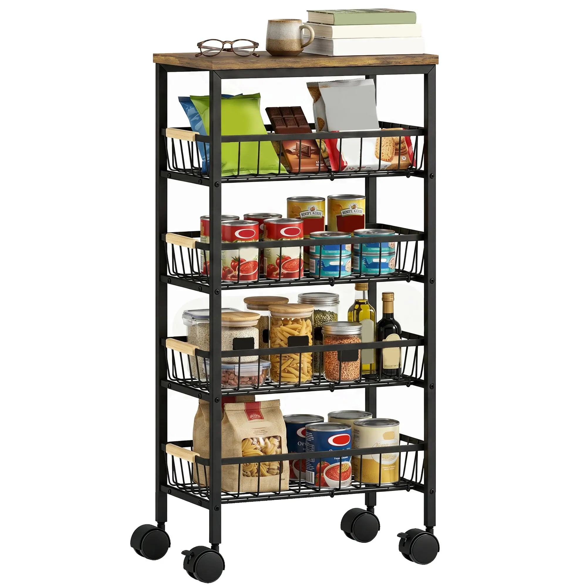 Rolling Utility Cart with Wheels, Kitchen Cart with 4 Removable Baskets, 33 lb Capacity, Metal Frame, Wood Handles, for Dining Room, Living Room, Bathroom, 15.7 x 9.4 x 32.1 in, Rustic Brown