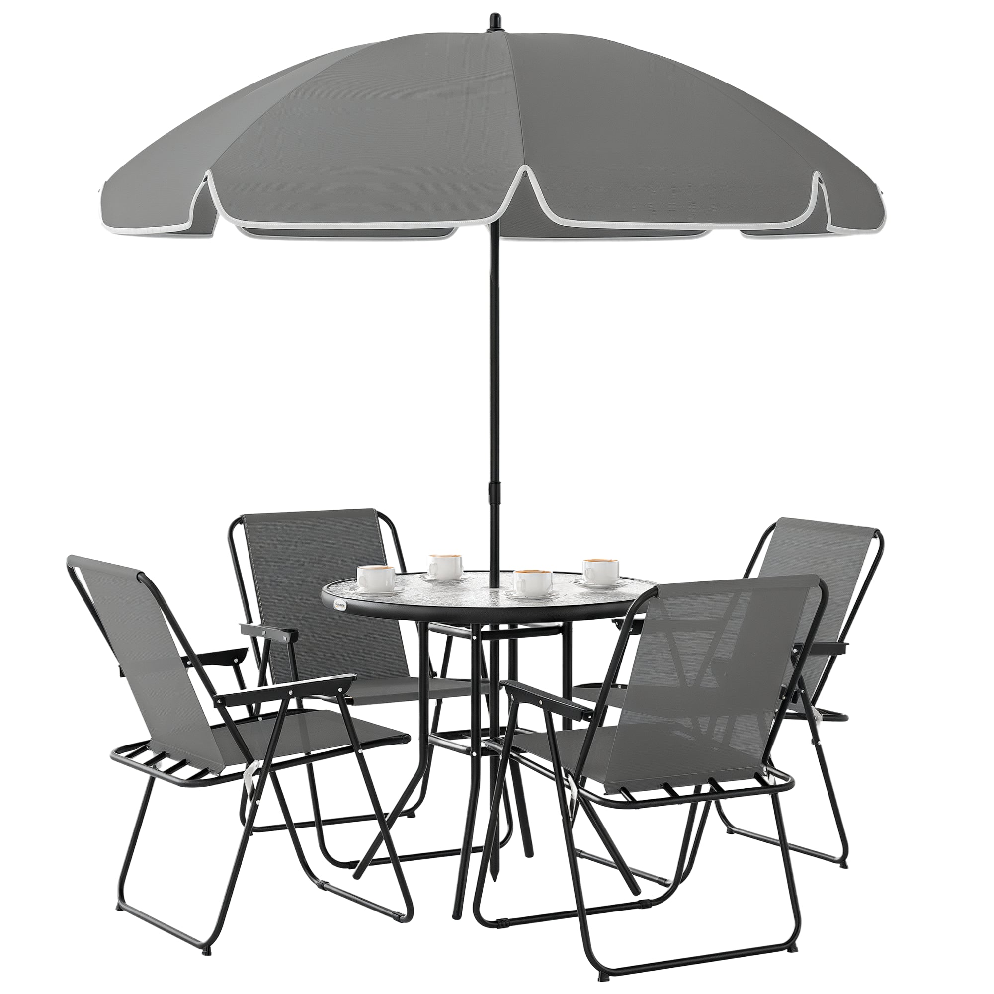 Ensemble de Mobilier de Jardin Outsunny 6 pièces avec Table Ronde, 4 Chaises Pliantes et Parasol pour Terrasse Patio - Gris