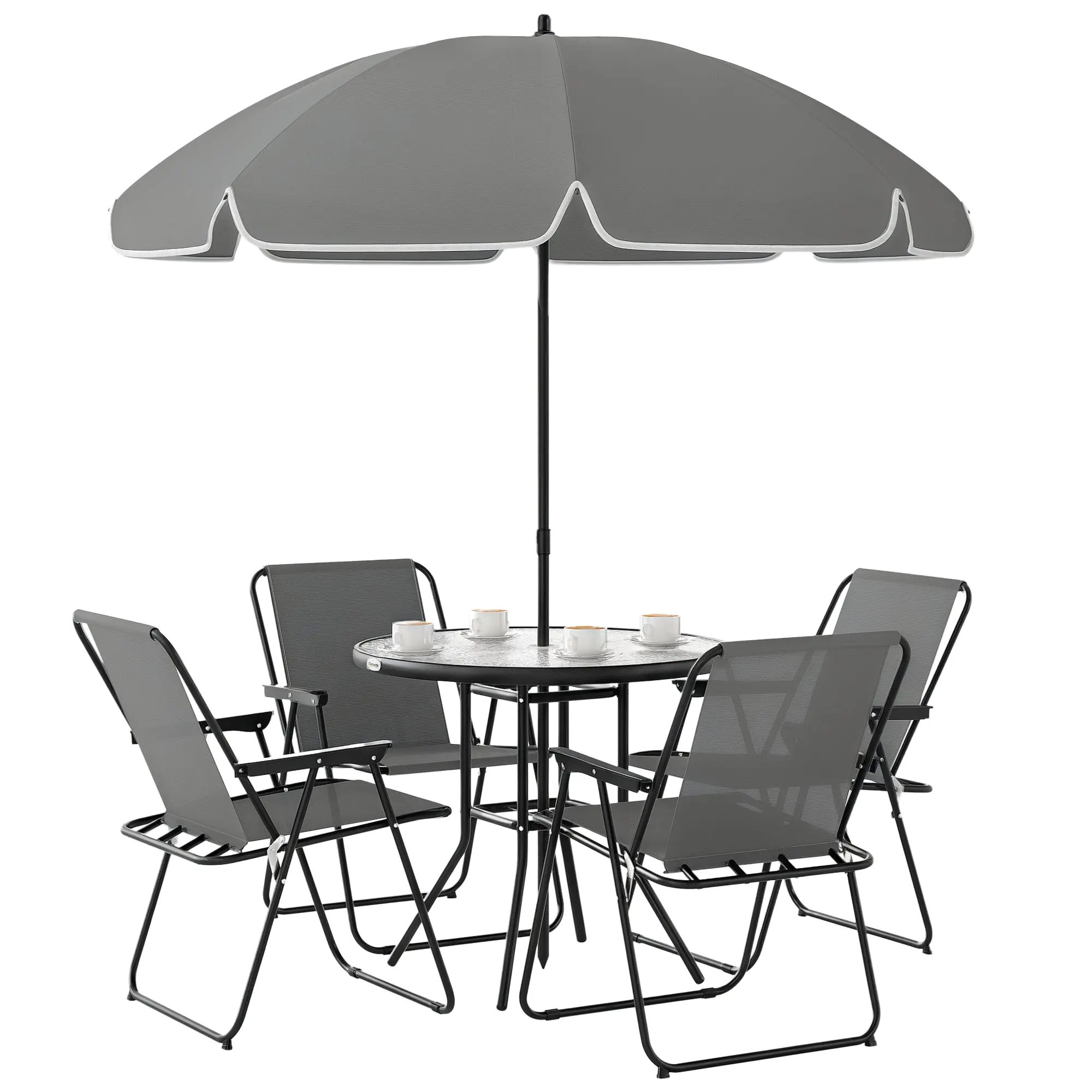 6-Piece Garden Table and Chairs Set Outdoor Furniture with 4 Folding Chairs Glass Table and Umbrella for Terrace Patio Gray
