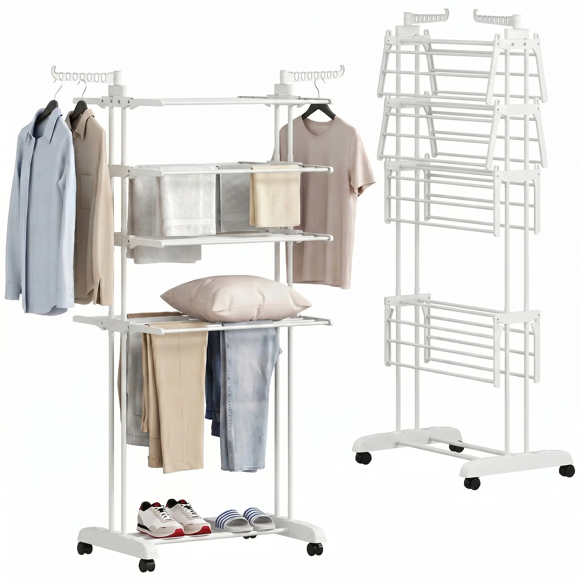 5-Tier Foldable Clothes Drying Rack with Wheels, Side Wings, Steel Frame, Indoor/Outdoor, 73 x 64 x 172 cm (28.7 x 25.2 x 67.7 in), White