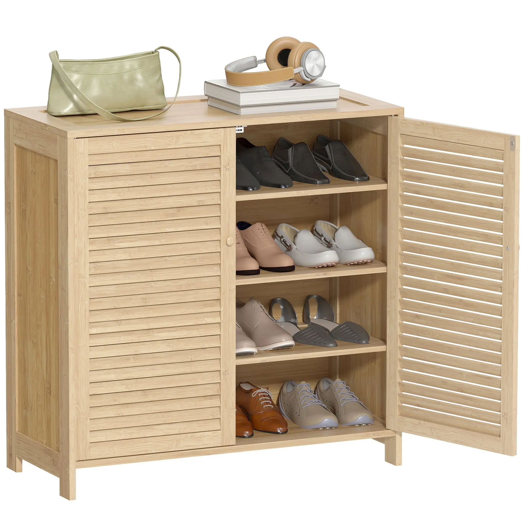 Bamboo Shoe Cabinet with Slatted Doors — Adjustable Shelves for Up to 14 Pairs, 31.5×13.8×31.5 in (80×35×80 cm), Natural
