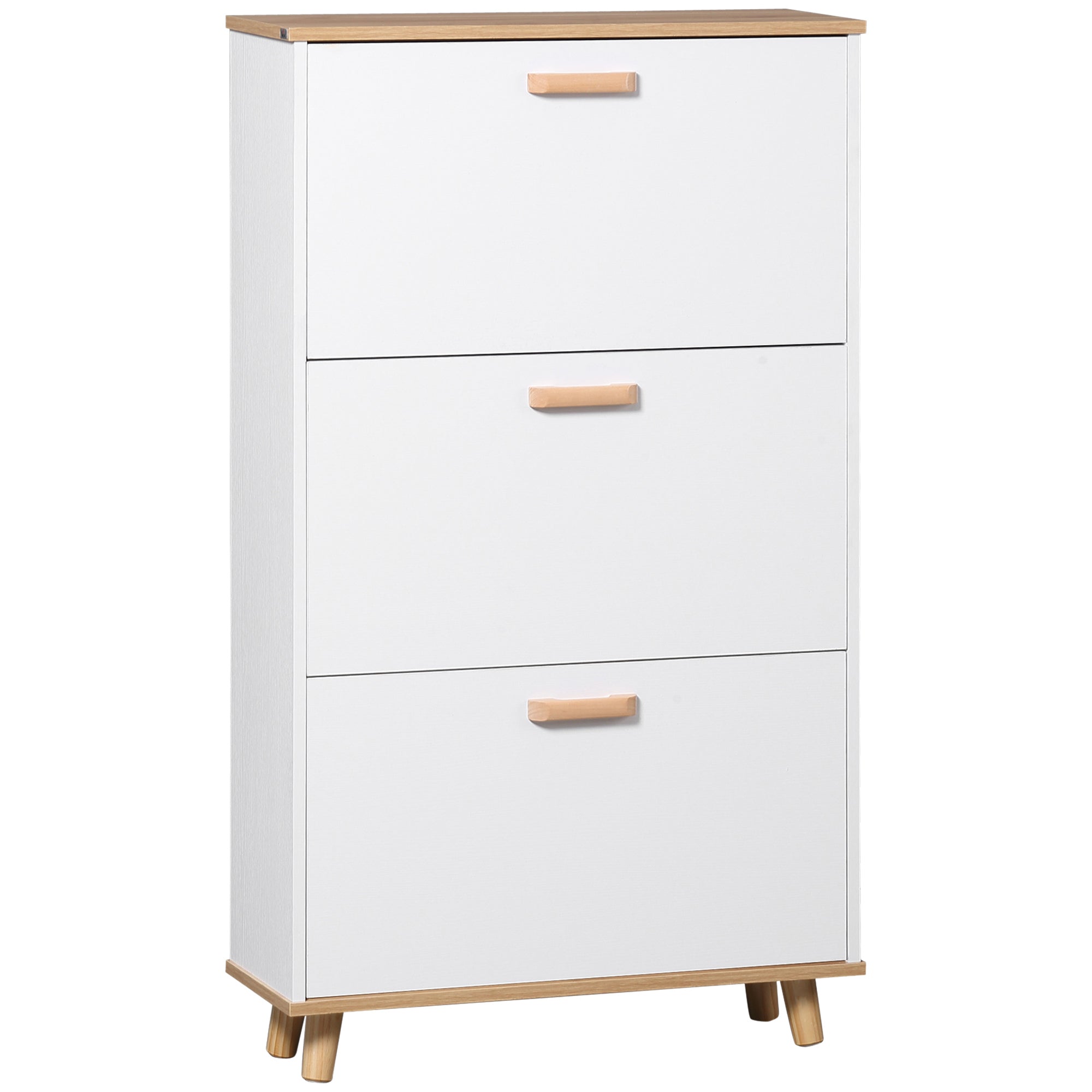 HOMCOM Skandináv Stílusú Cipőszekrény Cipőtartó 3 Felcsapható Ajtóval - Faerezet Hatás - 70 x 23.5 x 122 cm - Fehér