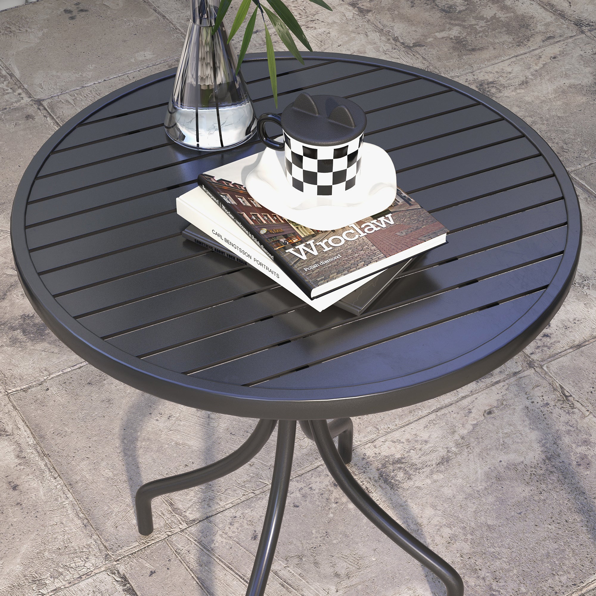 Round Garden Table ?66 cm, outdoor table in galvanized steel with slatted top for terrace, balcony, black