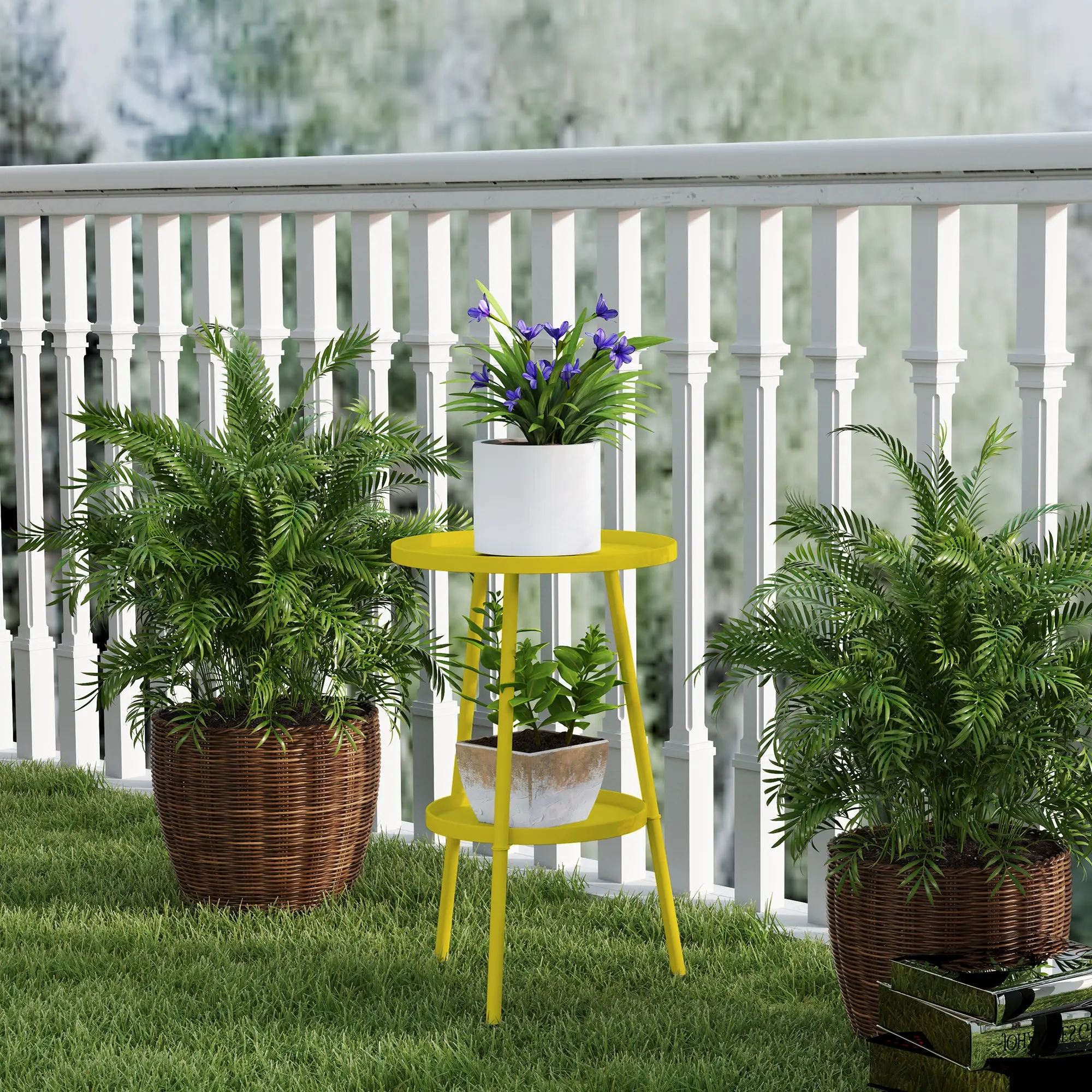 Small Two-Tier Round Side Table, Garden Table, for Patio, Living Room, Balcony, Metal, Yellow