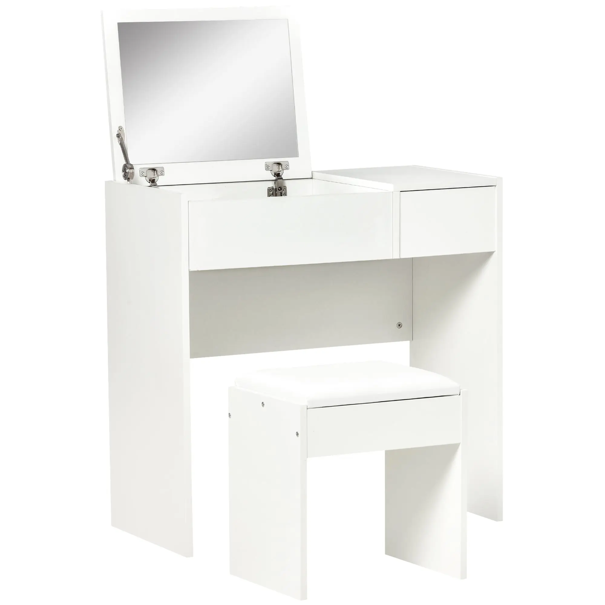 Contemporary Design Makeup Vanity Table 80L x 40W x 79H cm Retractable Mirror, Drawer, Storage White + Stool