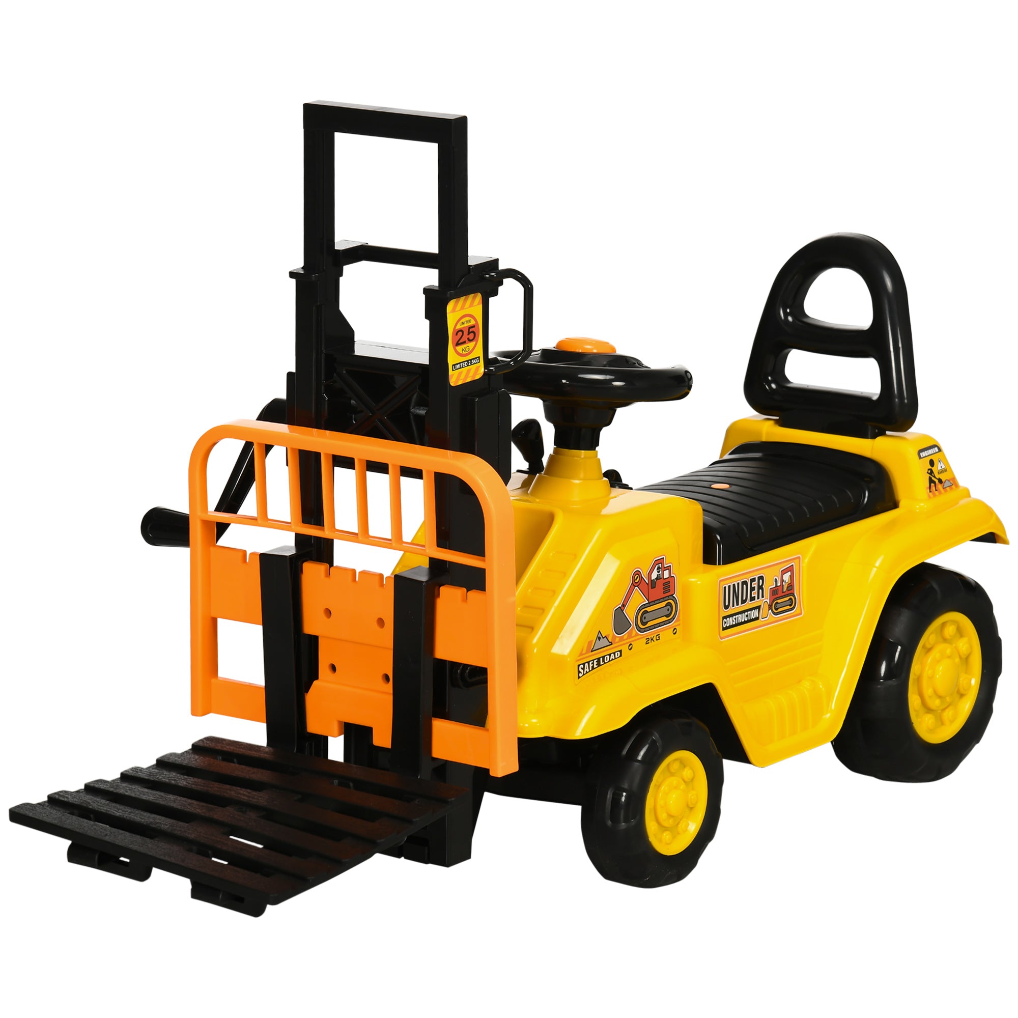 Ride-On Tractor for Kids 3-4 Years with Backhoe, Sound Button, and Hidden Storage Space, in PP and ABS, 86x27.5x47.5 cm, Yellow and Black