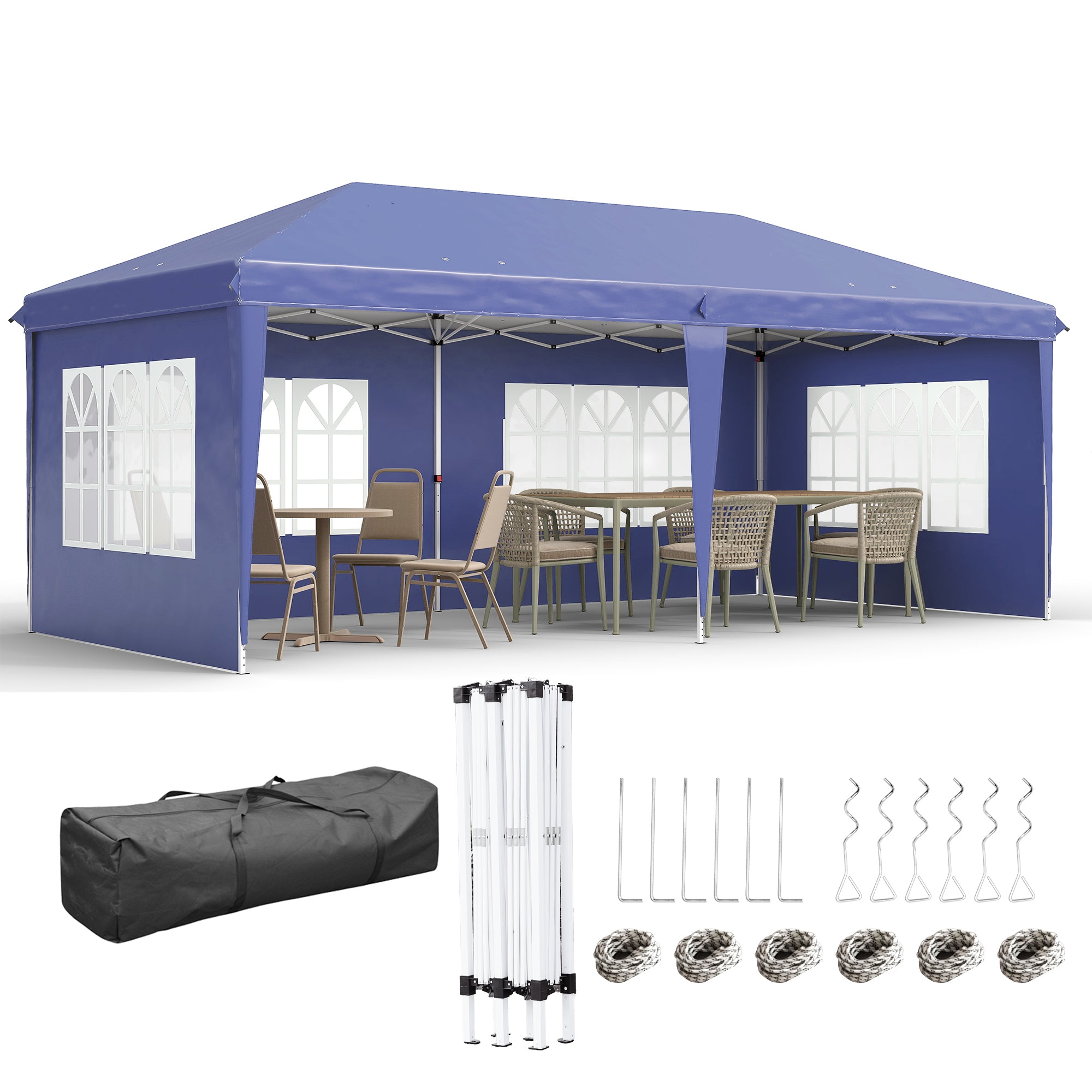 Outsunny Faltbares Pavillon 6x3 m mit 4 abnehmbaren Seiten, Gartenpavillon mit 4 sichtbaren Fenstern und wasserdichter Tragetasche für Patio und Terrasse