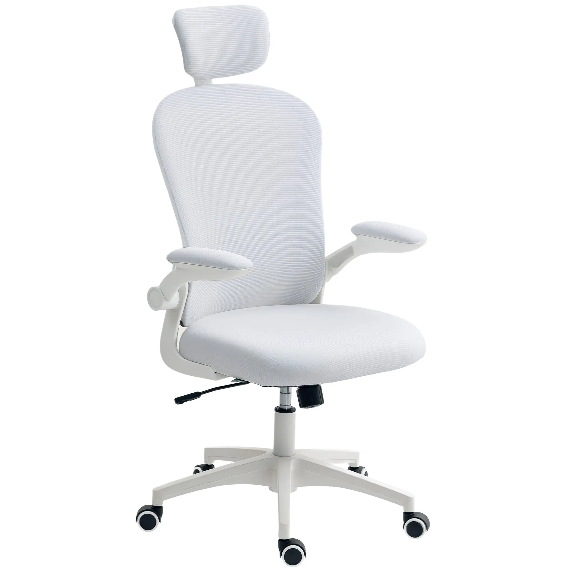 Mesh Office Chair, Swivel Desk Chair with Tilt Function, High Back, Adjustable Headrest, 4D Lumbar Support, Folding Arms, Height Adjustable, White
