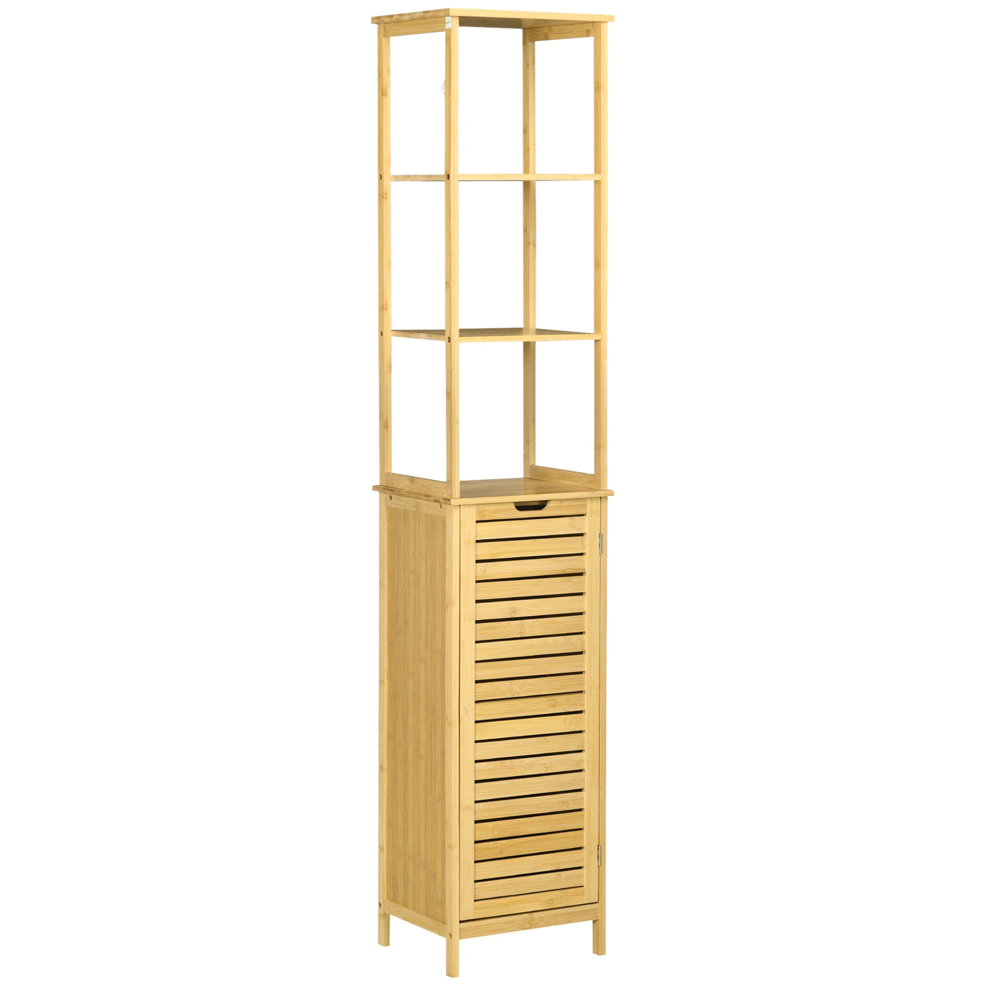 Bathroom Cabinet Tall High Cabinet with 3 Open Shelves and 1 Cabinet, Bamboo Storage Cabinet for Bathroom, Living Room 34 x 30 x 173 cm Natural