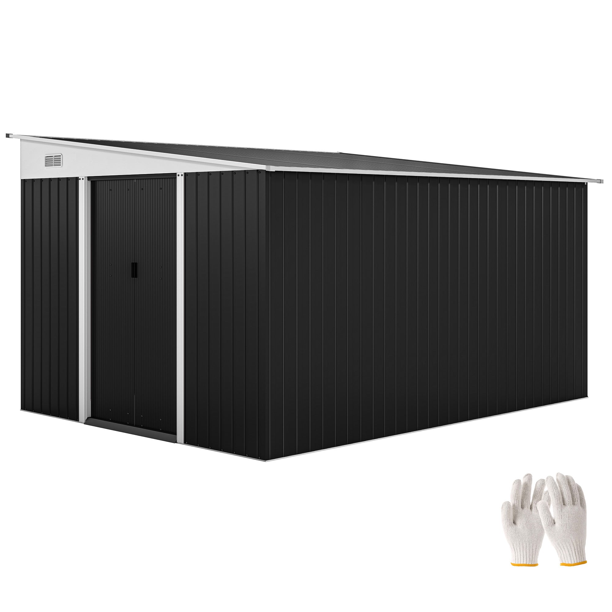 Outsunny 8.9m² Acél Kert Shed 2 Szellőzőnyílással, Eszköztároló Előtetővel, Dupla Csúszó Zárható Ajtókkal és Kesztyűvel, 280x345x169/201cm, Fekete