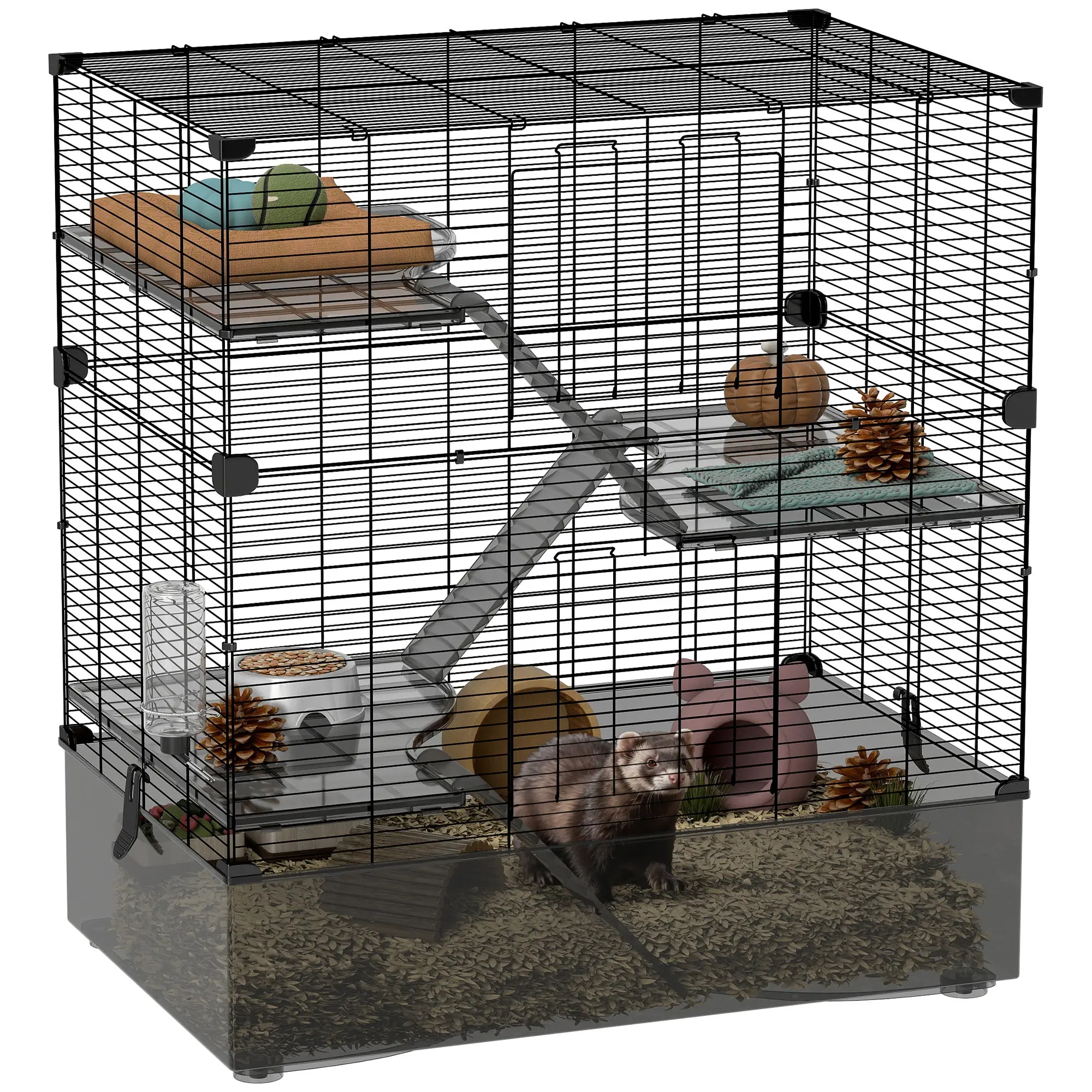 4-Level Cage for Small Animals Rodent Cage with Deep Tray Ramps Platforms Feeder and Drinker Enclosure for Chinchillas Ferrets Hamsters 73x47x80 cm Black