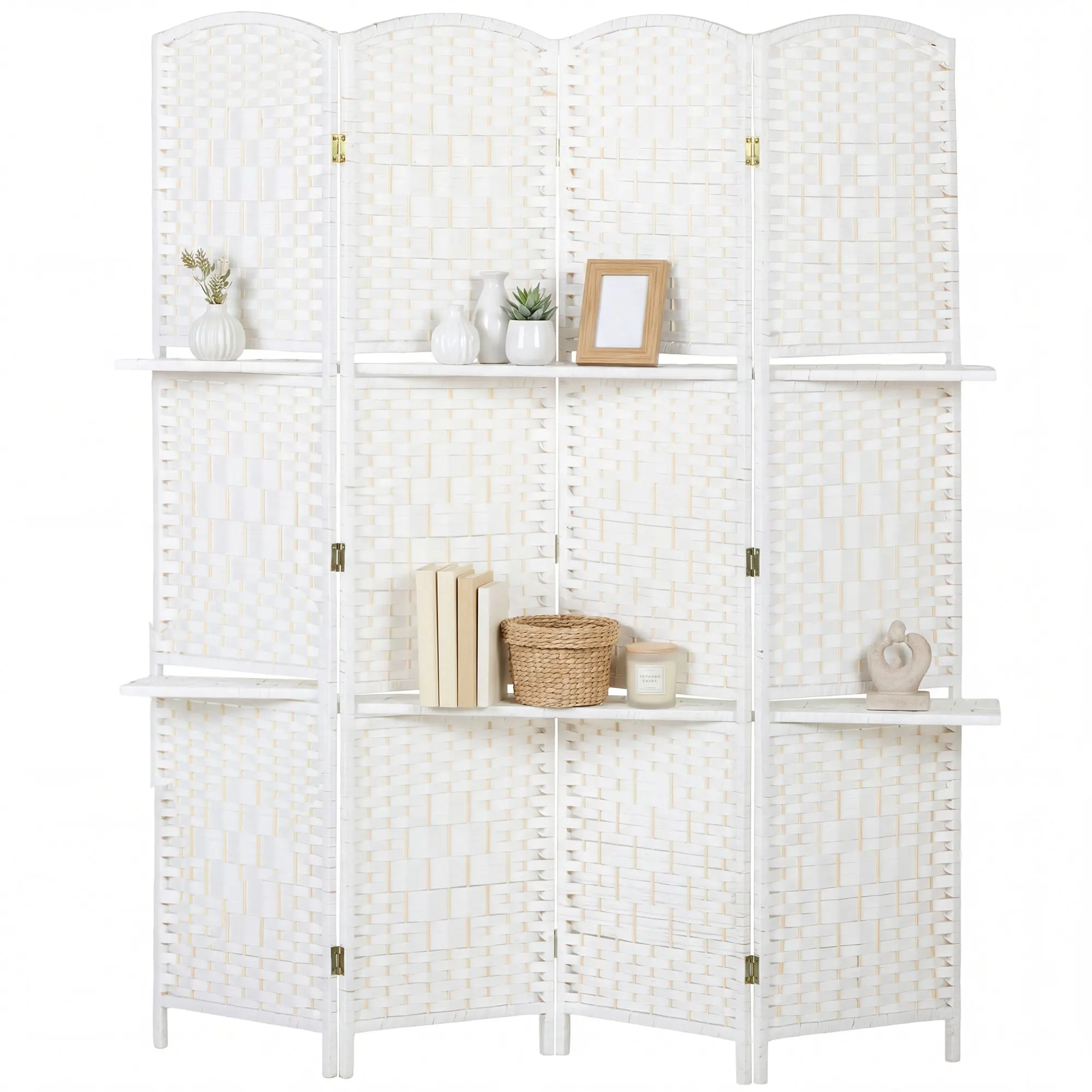 4-Panel Folding Room Divider with 2 Shelves, Pine Wood, White (63 x 67 in)