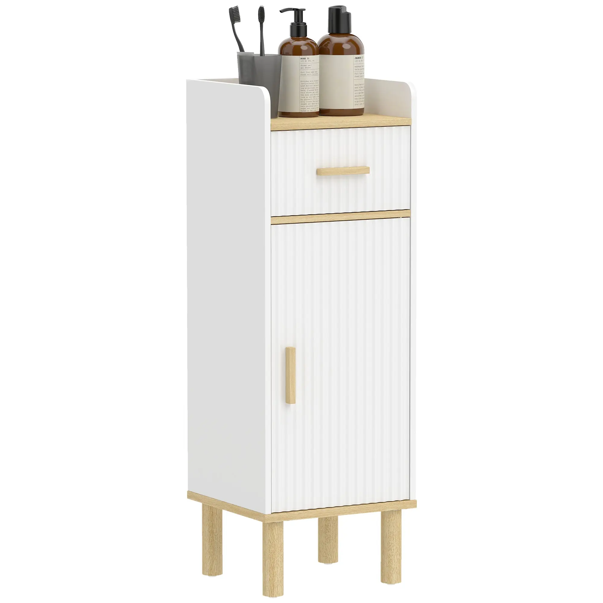 Narrow Freestanding Bathroom Cabinet with Pine Legs, Drawer & Adjustable Shelf – White