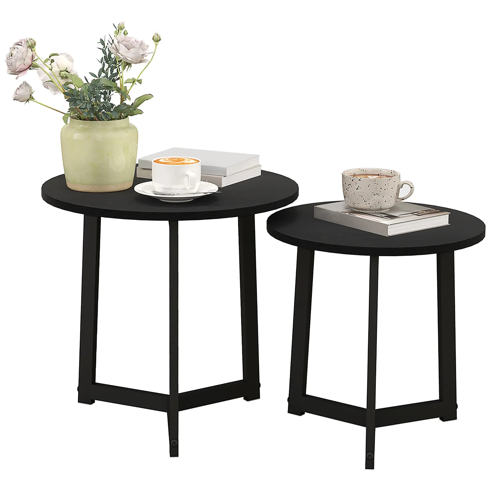 Round Coffee Table 2-Piece Set, Side Table made of MDF and Steel, in modern design, Stackable, Coffee Table Living Room Table for Living Room Bedroom, Black