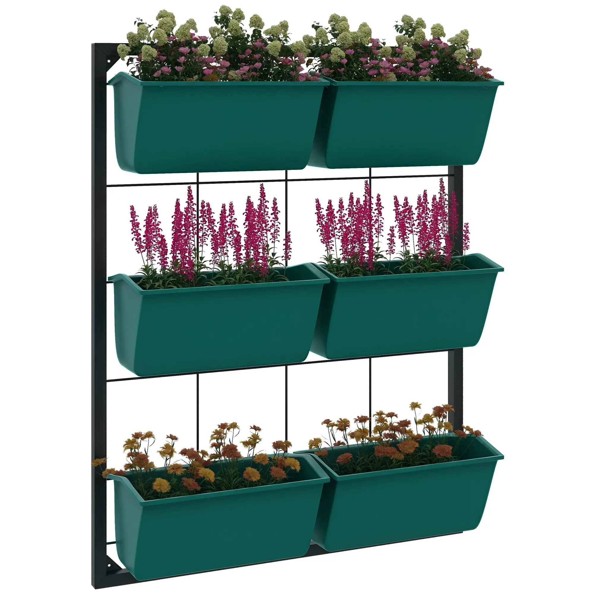 Vertical Outdoor Plant Stand, 3-Tier – 6 Plastic Pots with Drainage, Hanging Planter for Flowers & Herbs, 20.5×5.5×26 in (52×14×66 cm), Green
