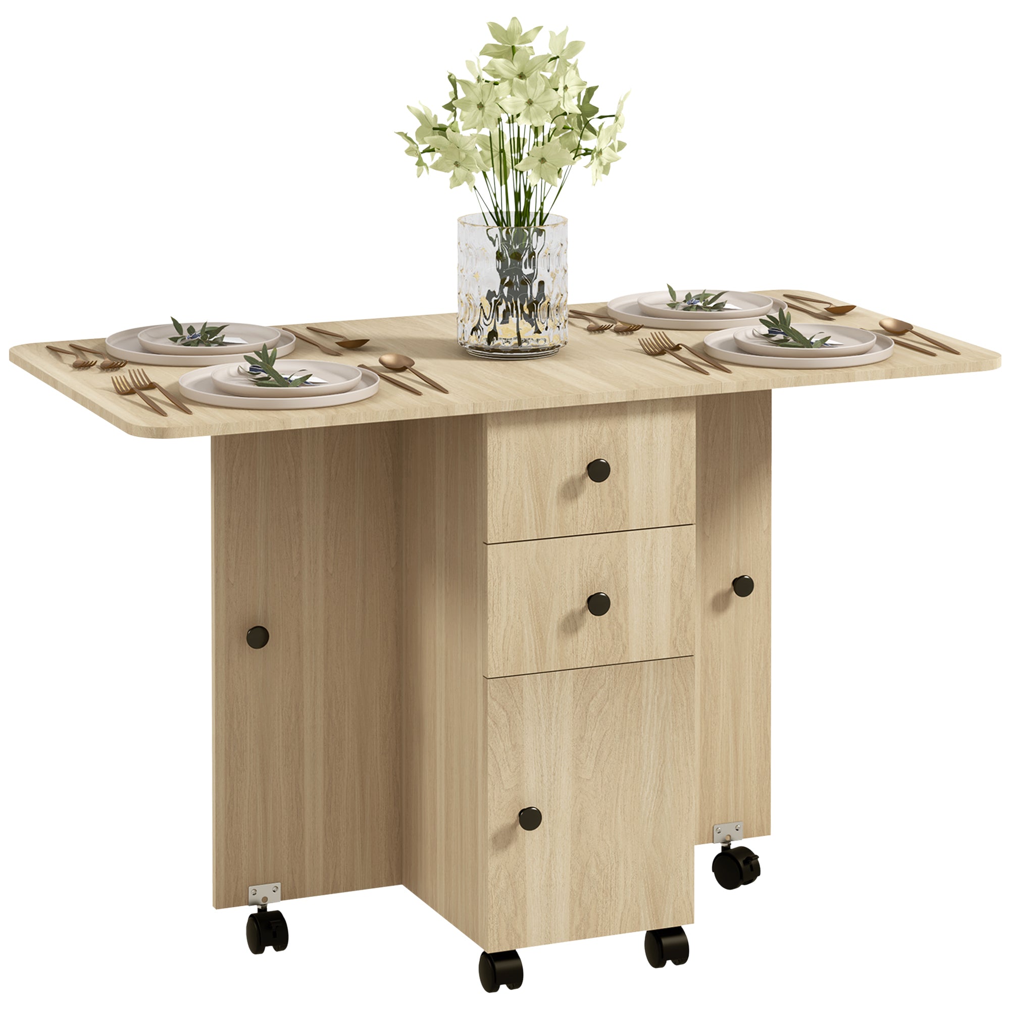 HOMCOM Saliekamais ēdamgalda galds ar ritenīšiem, saliekamām malām, atvilktnēm un skapīšiem 4-6 personām 120x60x76.5 cm dabīgā koka,