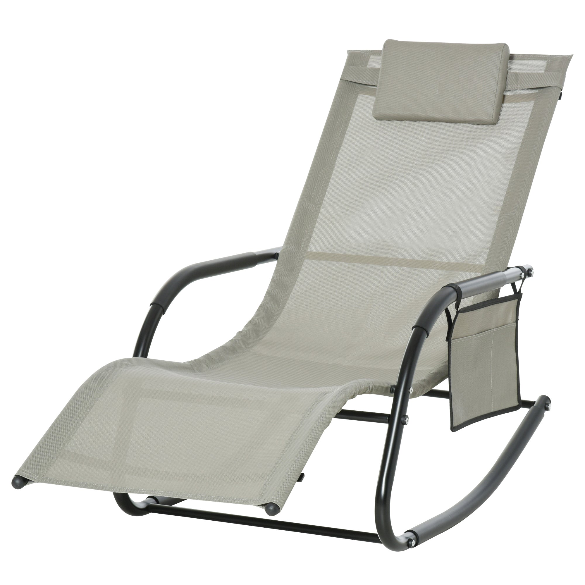 Fauteuil Rocking Chair Ergonomique Outsunny - Repose-tête Amovible, Accoudoirs, Poche de Rangement - Métal Époxy Textilène Gris Clair