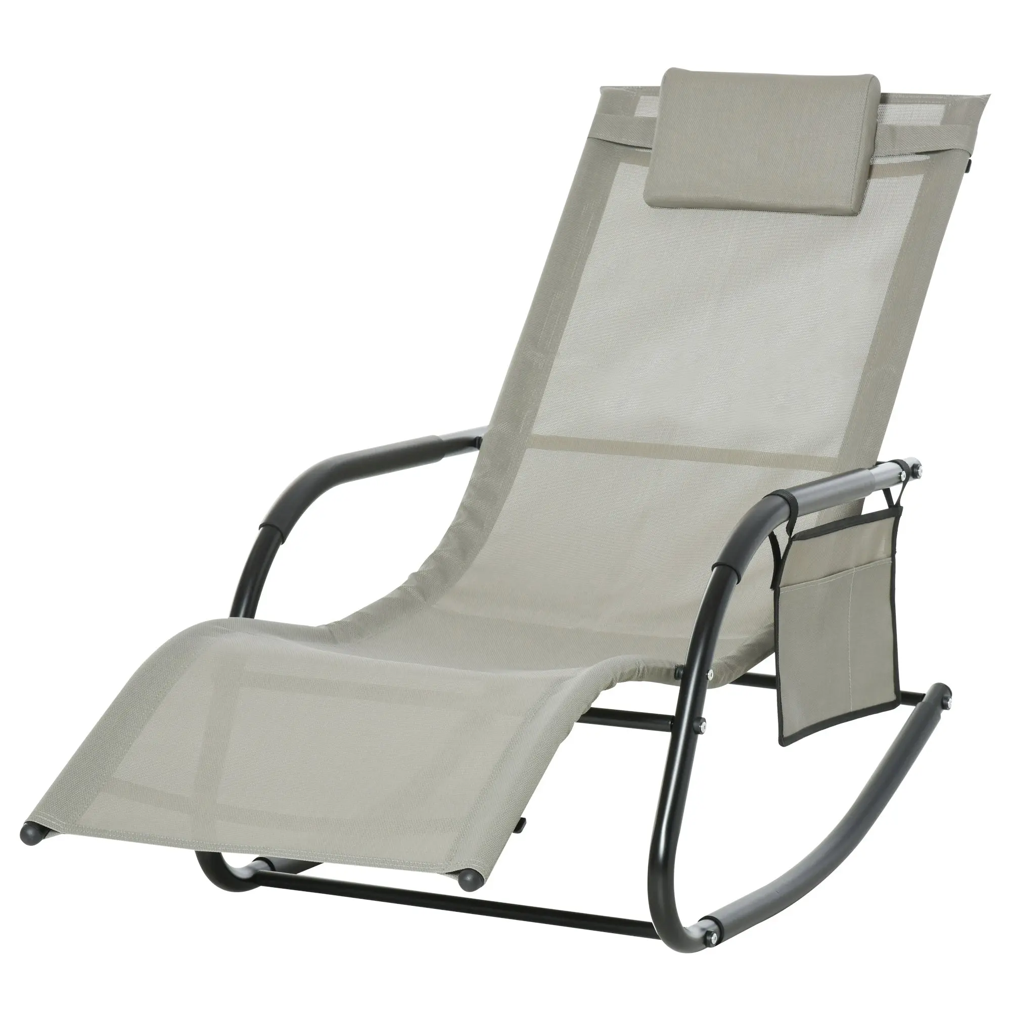Rocking Chair Ergonomic Rocking Chair - Removable Headrest, Armrests, Storage Pocket - Light Grey Metal Epoxy Textilene