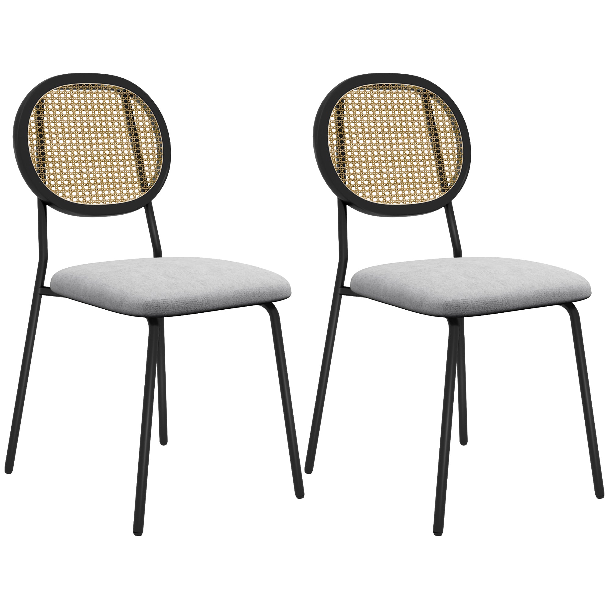 HOMCOM 2er Set Esszimmerstühle mit synthetischem Rattan-Rücken und Stahlrahmen für das Wohnzimmer 44x54x87 cm Grau und Schwarz