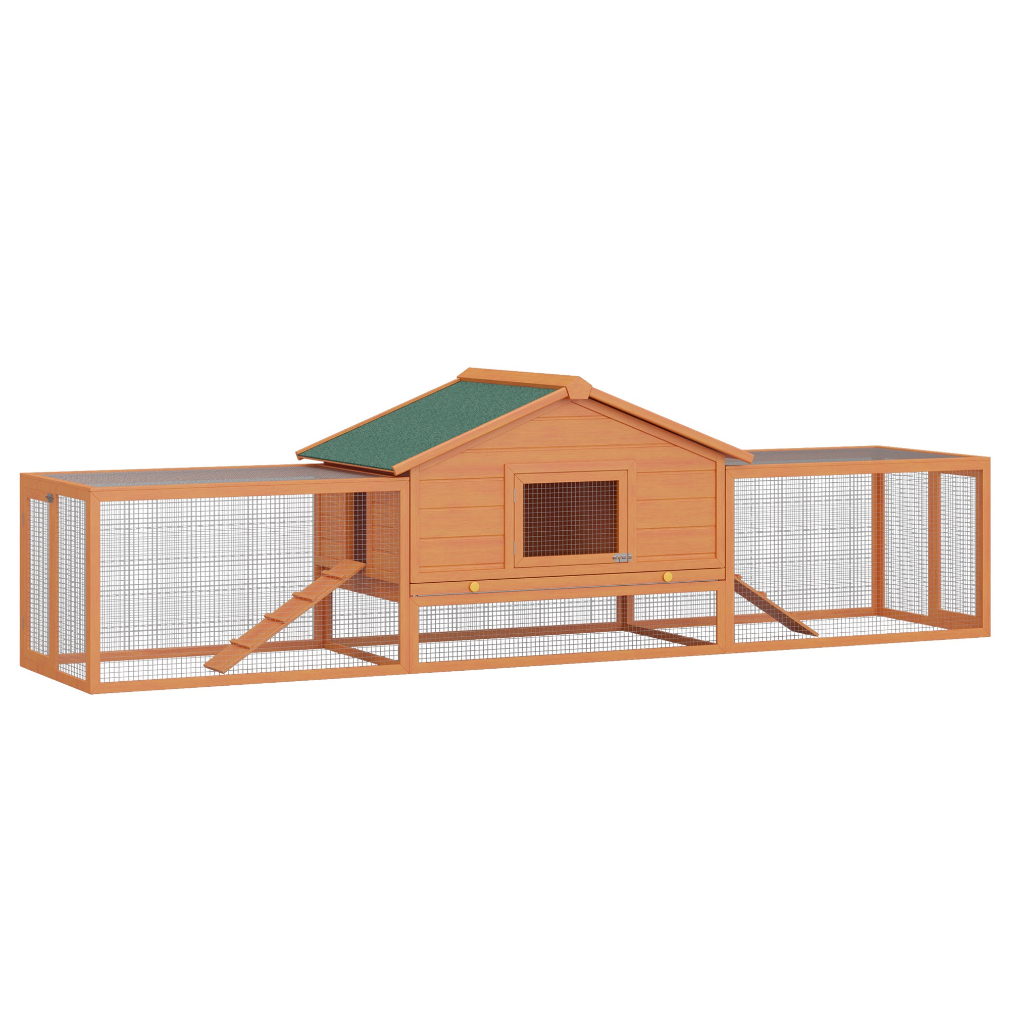 PawHut Kleng Déieren Hutt Rabbit Hutch mat 2 Këschte 2 Rampen Kleng Déieren Haus Kleng Déieren Käfig Wetterbestänneg Pinienholz Natur+Gréng XXL 310 cm