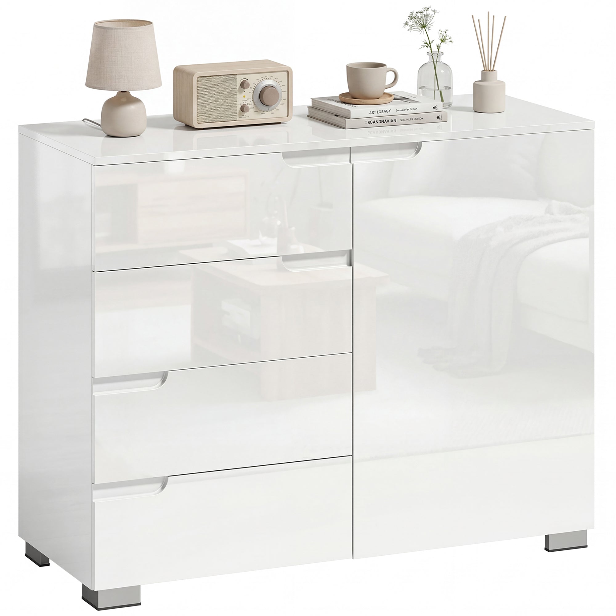 HOMCOM Hoogglans dressoir — Modern buffetkast met 4 laden & verstelbare plank, softclose, wit
