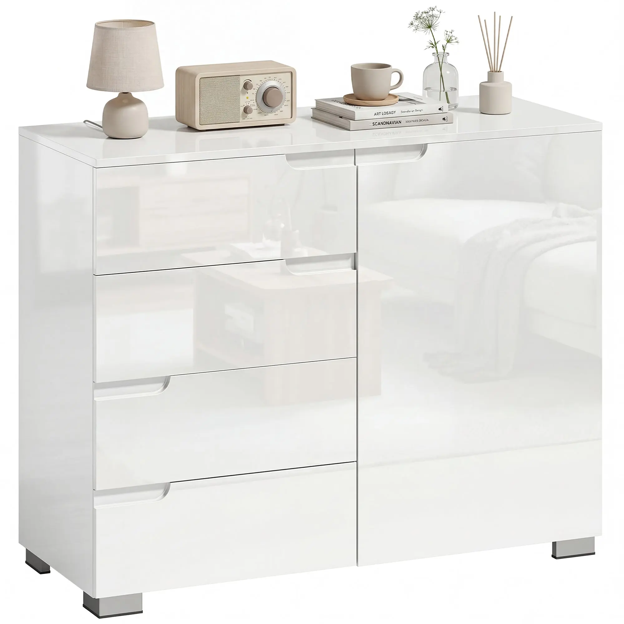 Sideboard Cabinet, Modern Buffet Storage Cabinet with 4 Drawers and Adjustable Shelf, High-Gloss White TV Stand with Soft-Close Doors for Living Room Dining Room