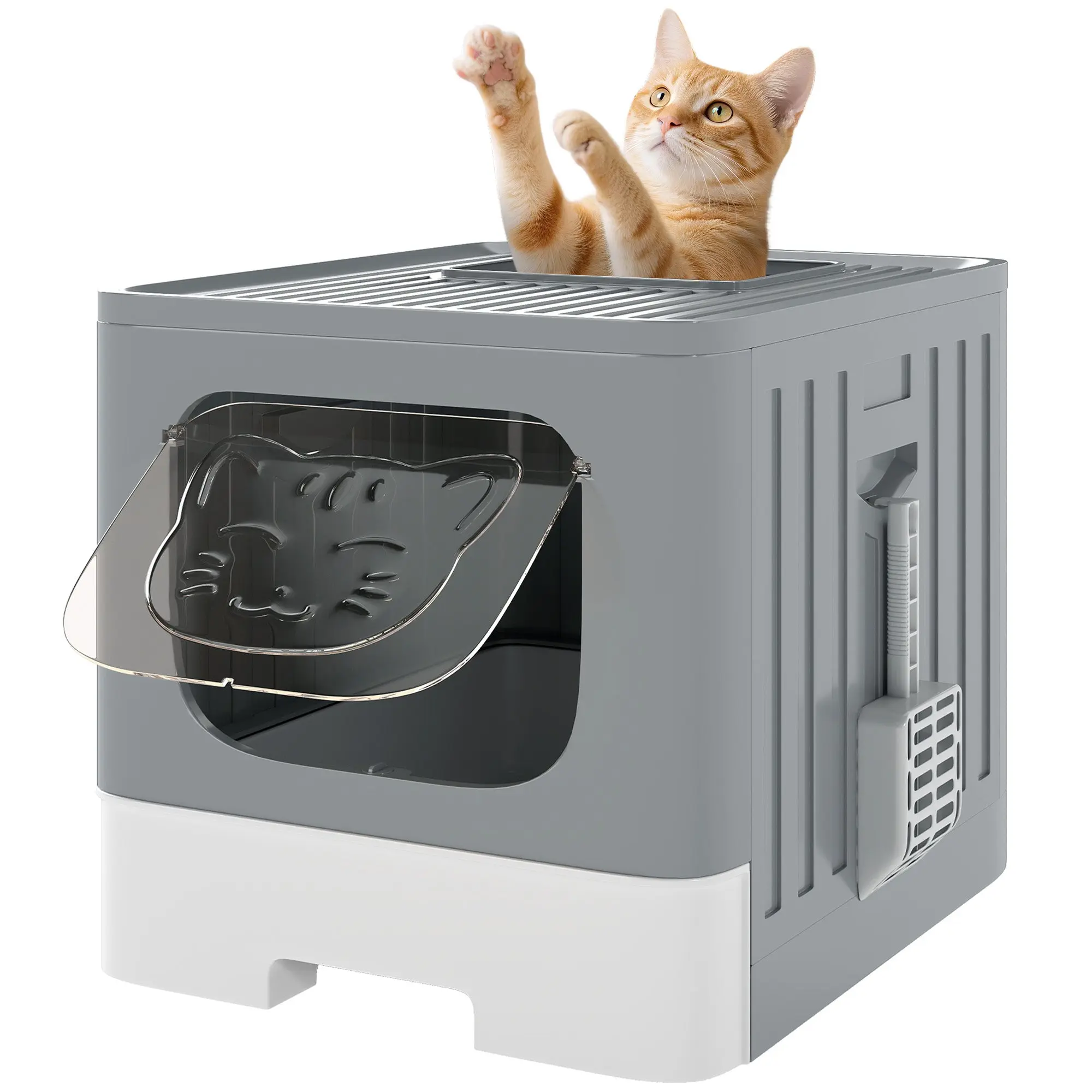 Foldable Covered Cat Litter Box, Medium — Top-Entry Grid, Removable Drawer, Scoop with Side Hook, Leakproof, Odor Control, Gray
