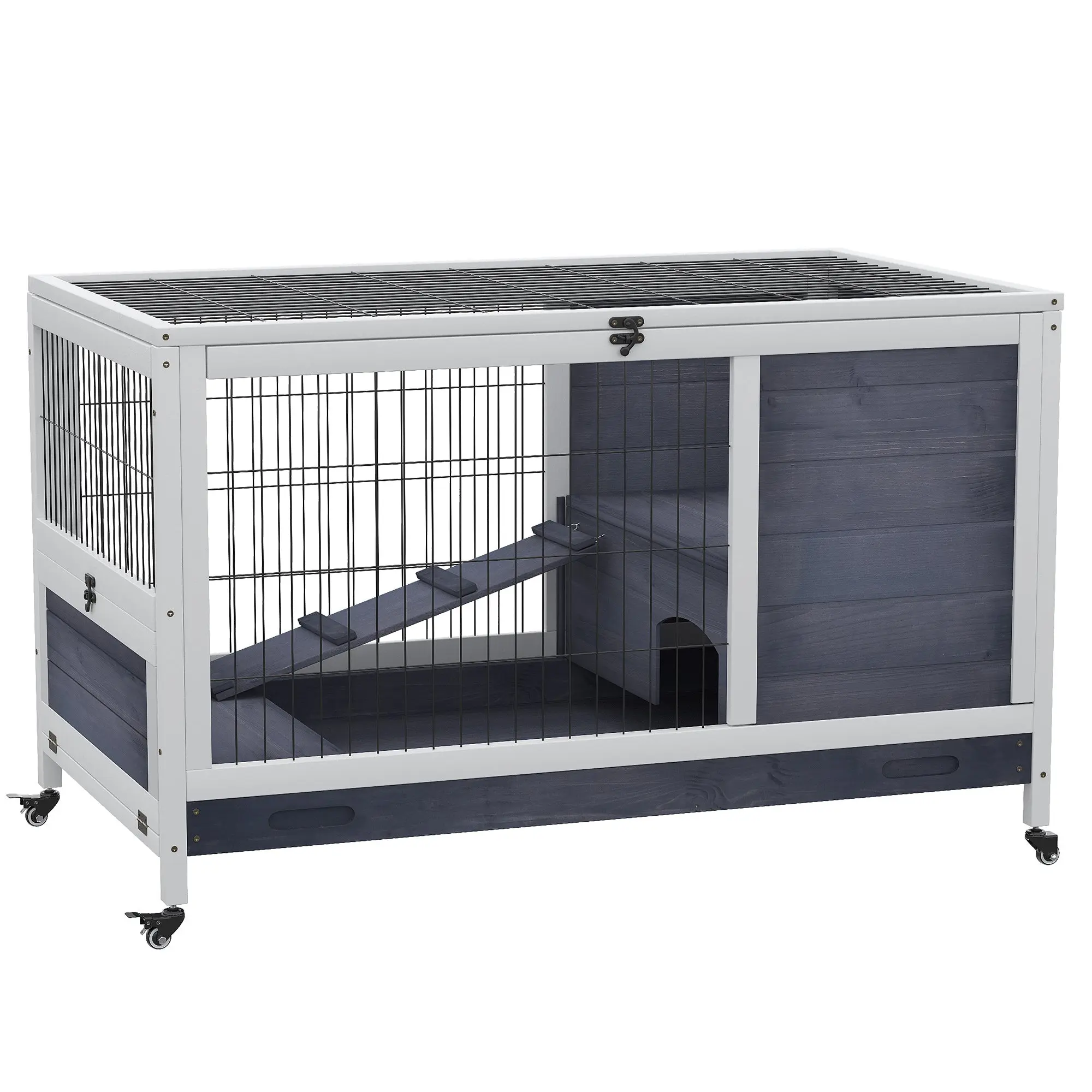 Small Animal Hutch with Wheels Small Animal Cage Guinea Pig Hutch Guinea Pig Cage Small Animal House Pine Wood Dark Grey+White 90 x 53 x 59 cm