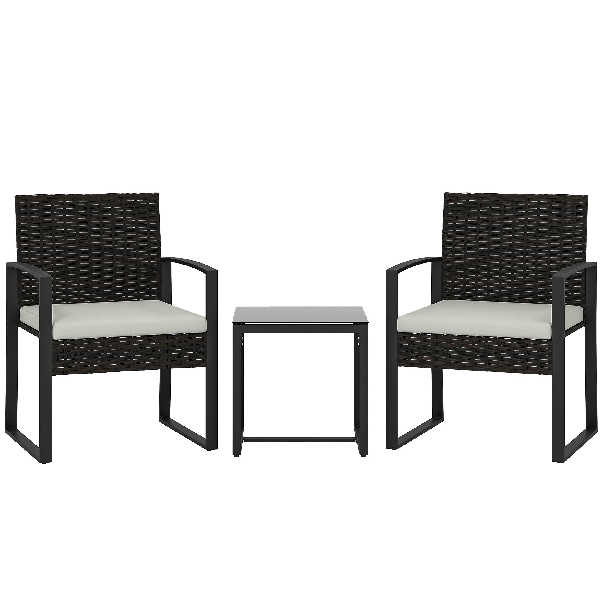 Outsunny 3-delige PE-rattan bistroset — 2 tuinstoelen & glazen tafel met afneembare kussens, crèmewit