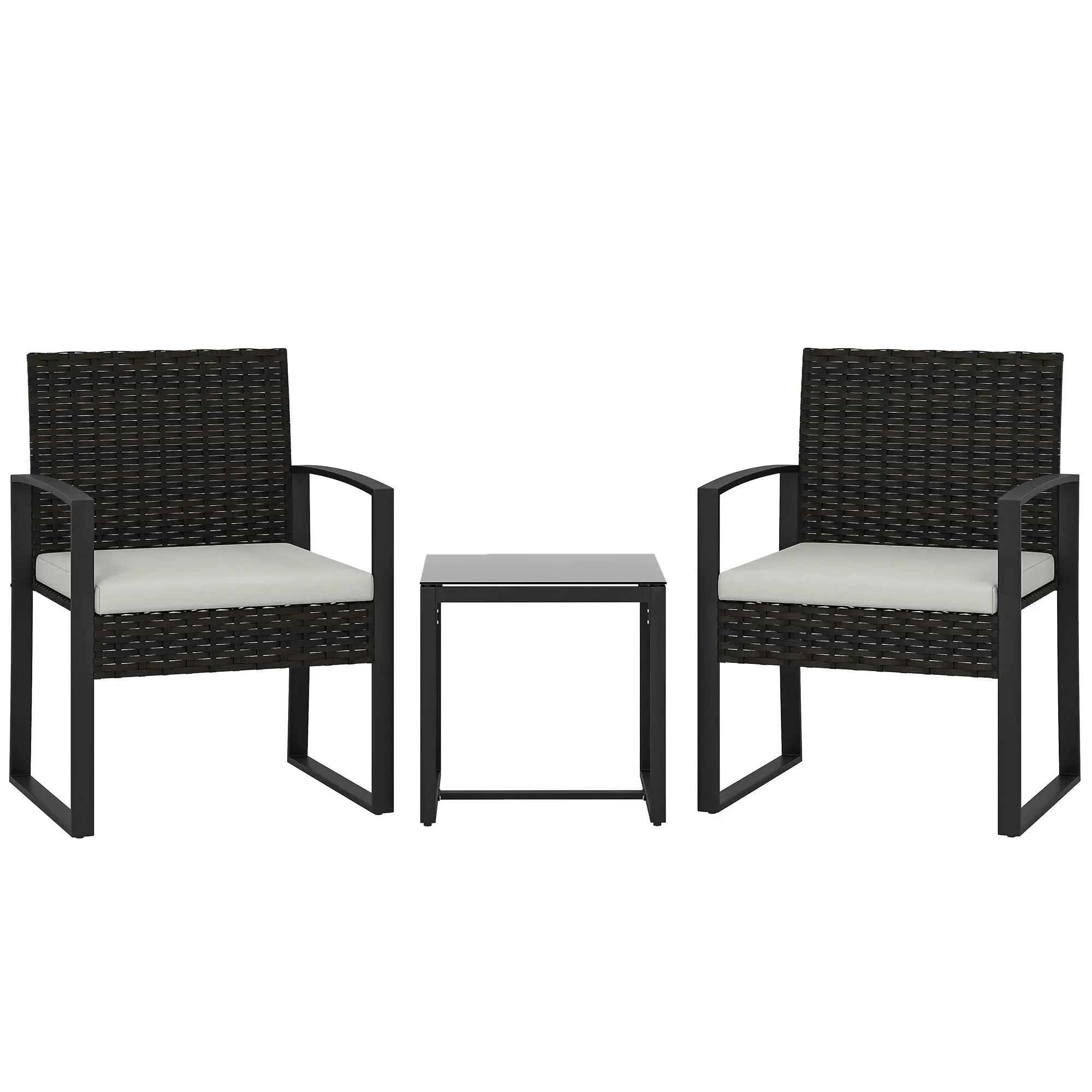 3-Piece PE Rattan Bistro Set — 2 Outdoor Chairs & Glass Table with Removable Cushions, Cream White