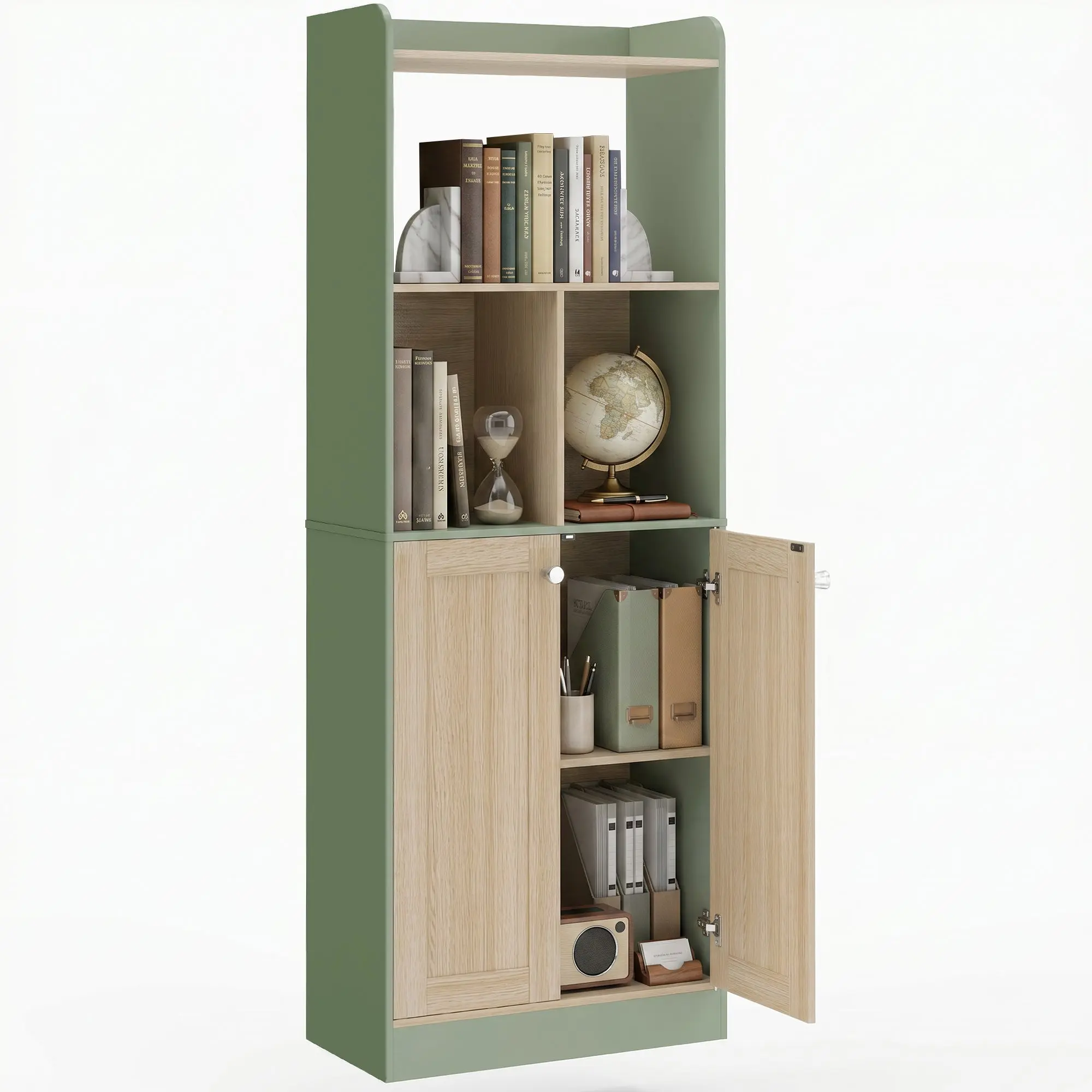5-Tier Bookcase with 2 Doors, 23.6 x 11.8 x 63.5 in – Natural Wood & Green