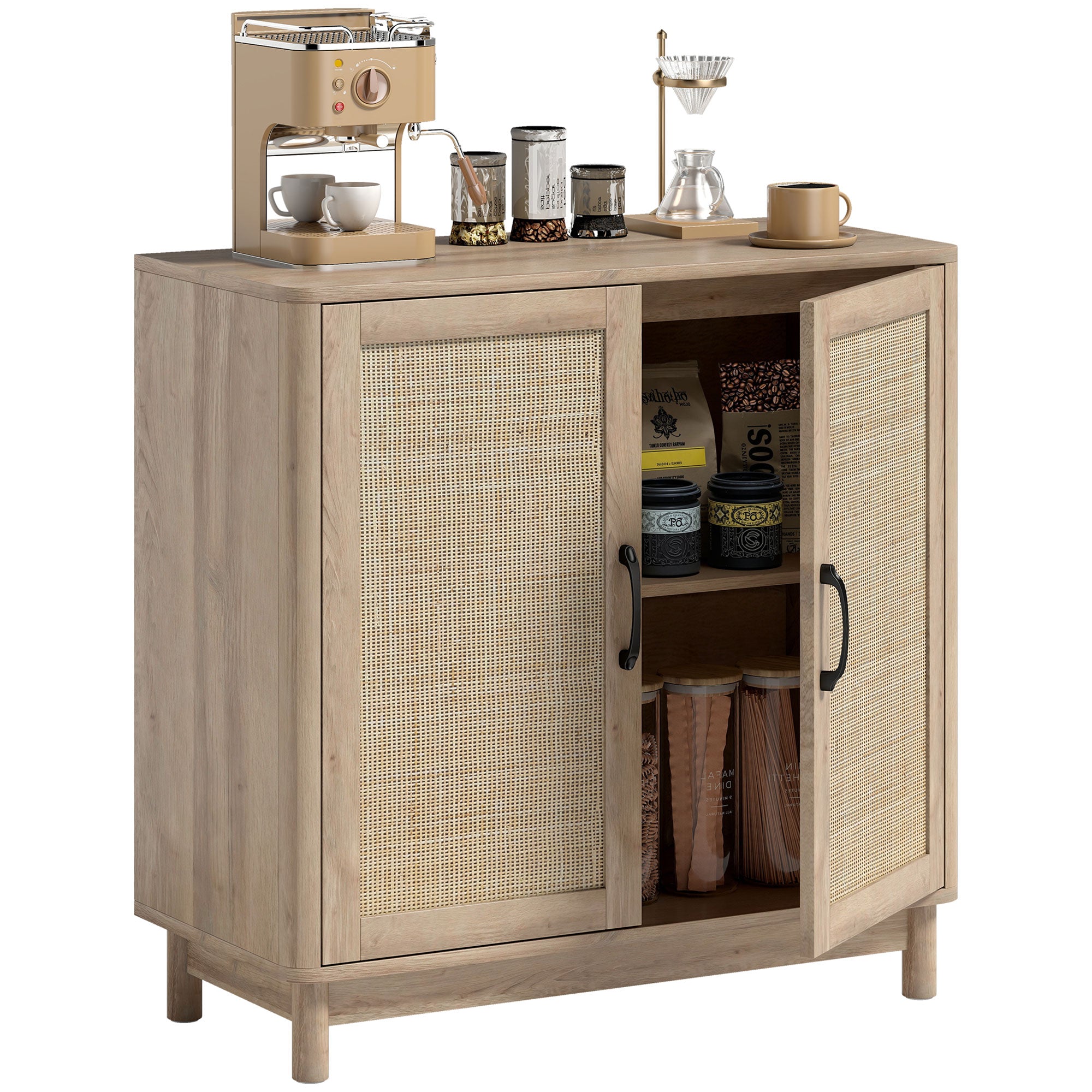 HOMCOM boho skapītis ar rotangdurvīm, regulējams plaukts — ozola apdare, 76 x 35 x 75,5 cm