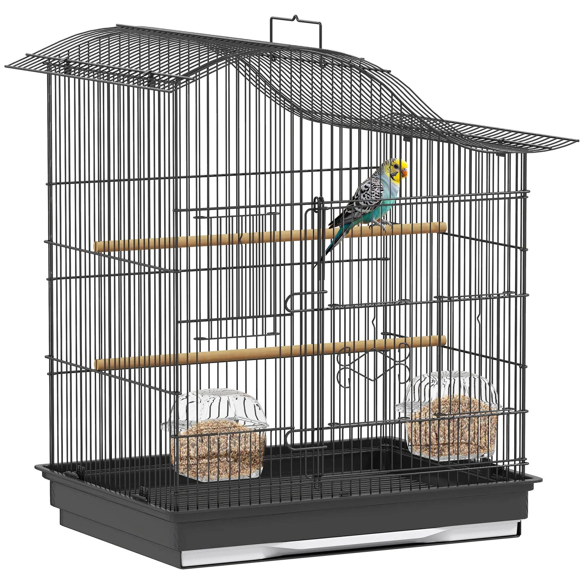Bird Cage for Small Birds, Metal Parakeet Cage with 4 Doors, 2 Perches & 2 Feeders, Removable Tray, Black, 47.5 x 36 x 54.5 cm