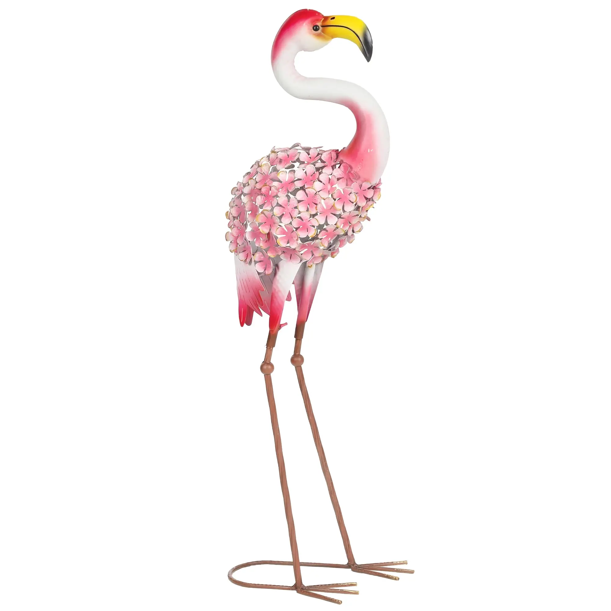 Pink Flamingo Garden Statue, Metal Bird Sculpture with Floral Feathers, Outdoor Décor with Ground Stakes for Garden, Patio or Landscaping, Red