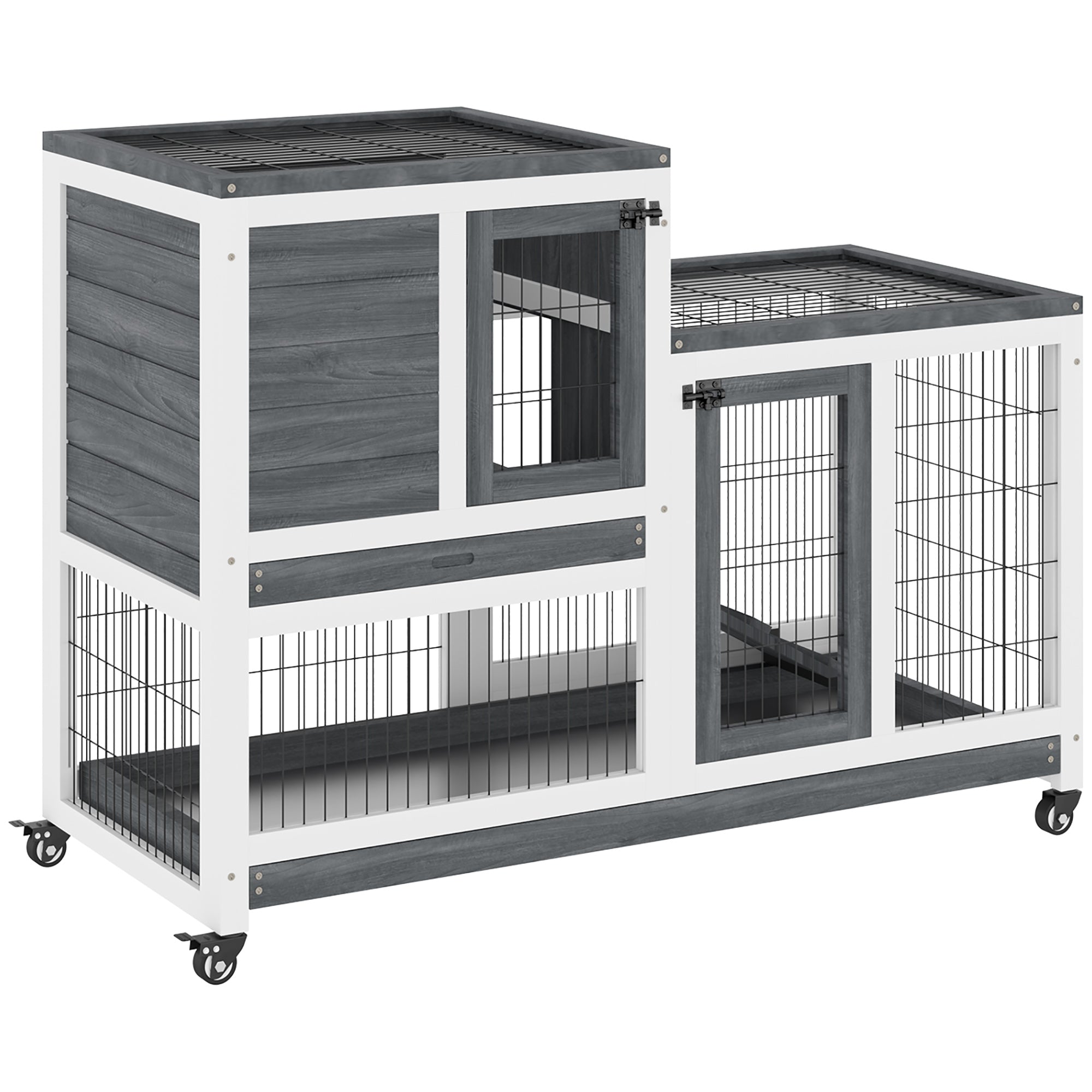 Hutte à Lapin en Bois PawHut 2 Niveaux avec Roues, Espace Ouvert, Rampe et 2 Plateaux Amovibles - Hutte Intérieure 110x50x88 cm Gris