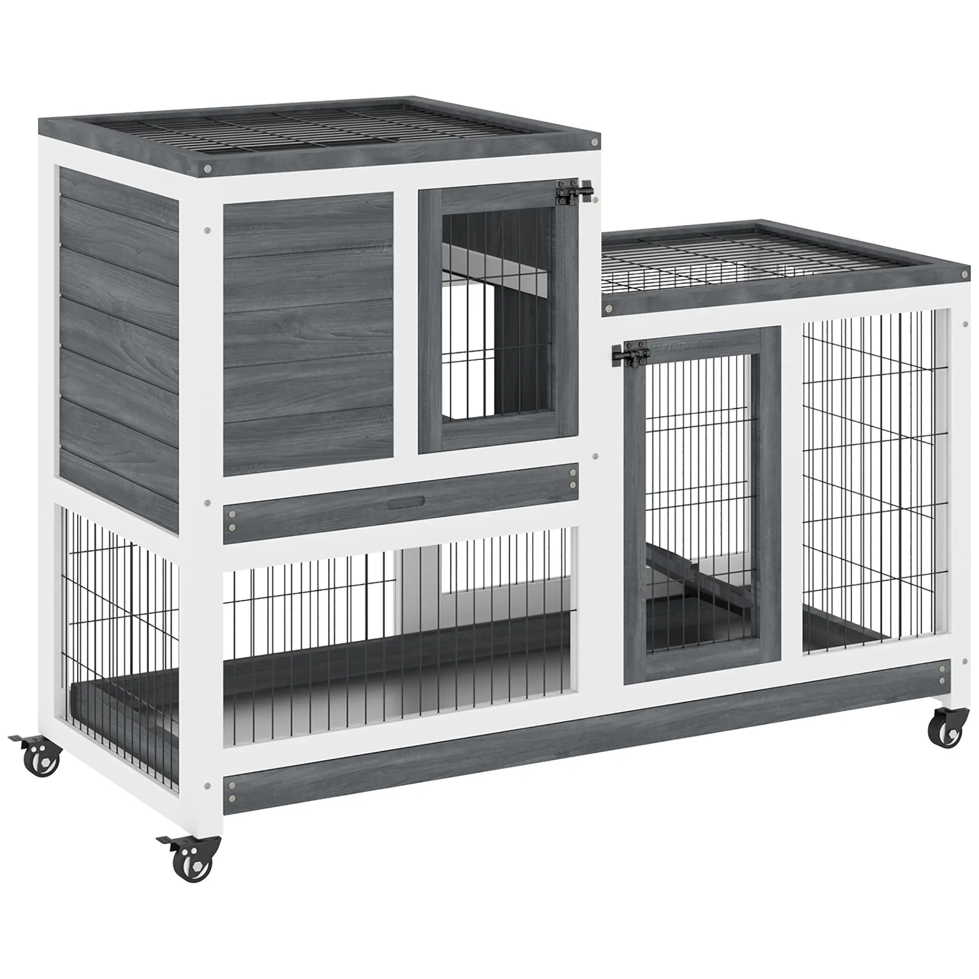PawHut Indoor Rabbit Hutch with Wheels, 2-Tier Wooden Bunny Cage with Ramp, 2 Removable Trays, Lockable Doors, Rolling Guinea Pig House 110x50x88 cm Grey