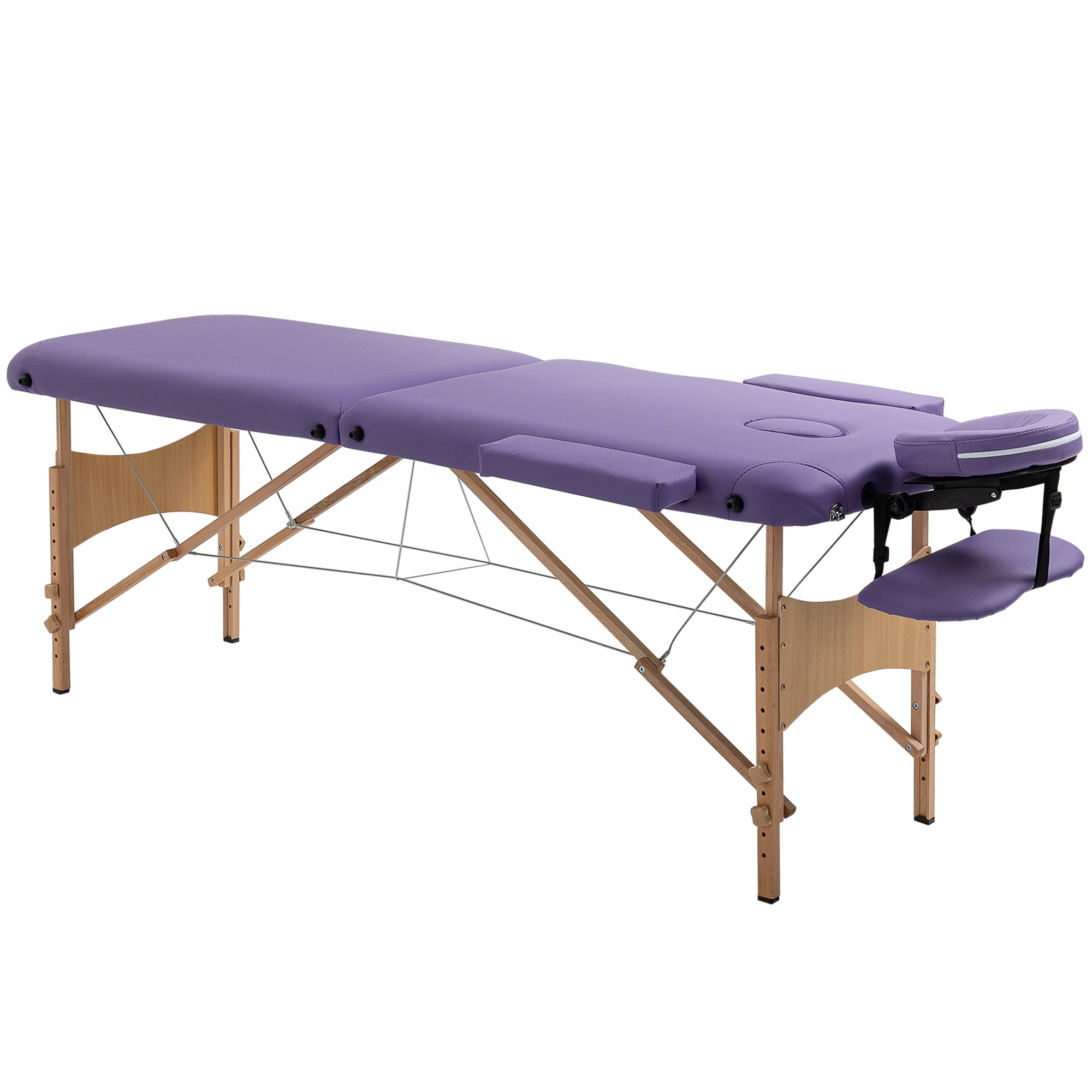 HOMCOM Fällbar Massagebänk 210x81 cm Professionell Skönhetsbänk med Avtagbar Huvudstöd 2 Zoners Handtag och Träram med Justerbar Höjd och Lila Bärväska