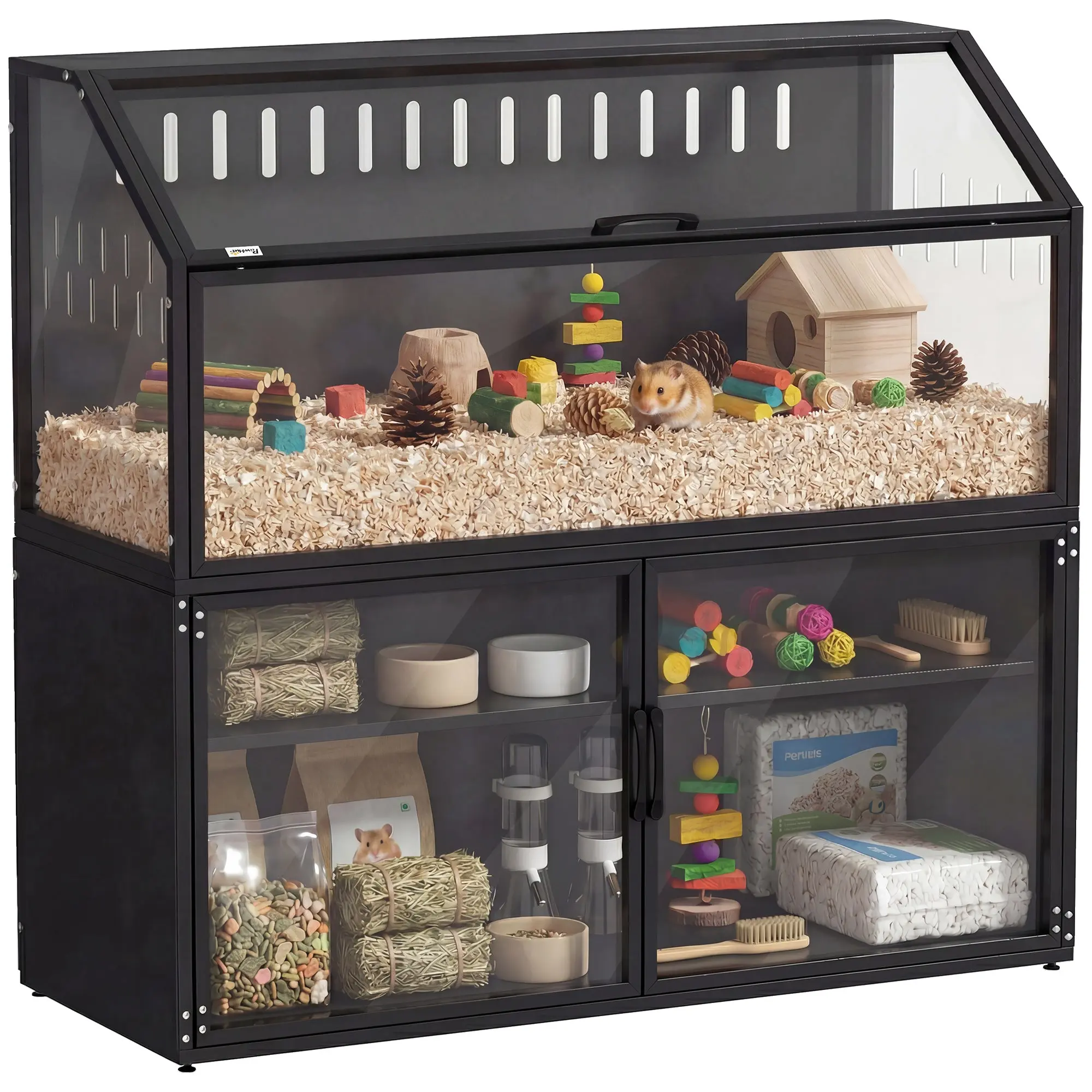 2-in-1 Hamster Cage with Storage Cabinet - Giant 41" (L) x 16" (W) x 40" (H) Rodent Habitat in Steel and Clear Acrylic - Large Cage for Syrian Hamsters & Mice, Black