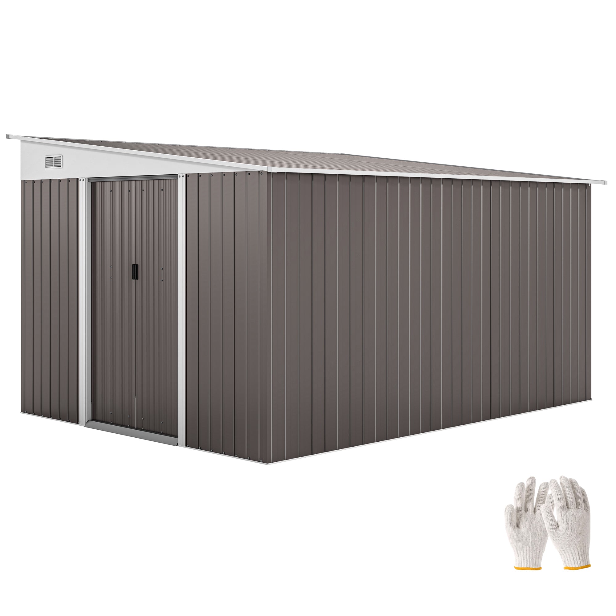 Large Metal Garden Shed 8.9m² Outdoor Storage Shed with Pent Roof, Double Sliding Doors, Ventilation Windows, Galvanized Steel Tool Shed for Backyard Patio, Grey