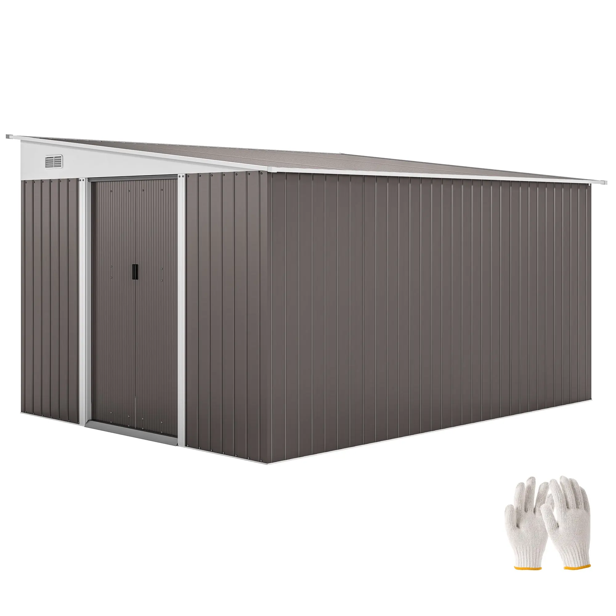 Large Metal Garden Shed 8.9m² Outdoor Storage Shed with Pent Roof, Double Sliding Doors, Ventilation Windows, Galvanized Steel Tool Shed for Backyard Patio, Grey
