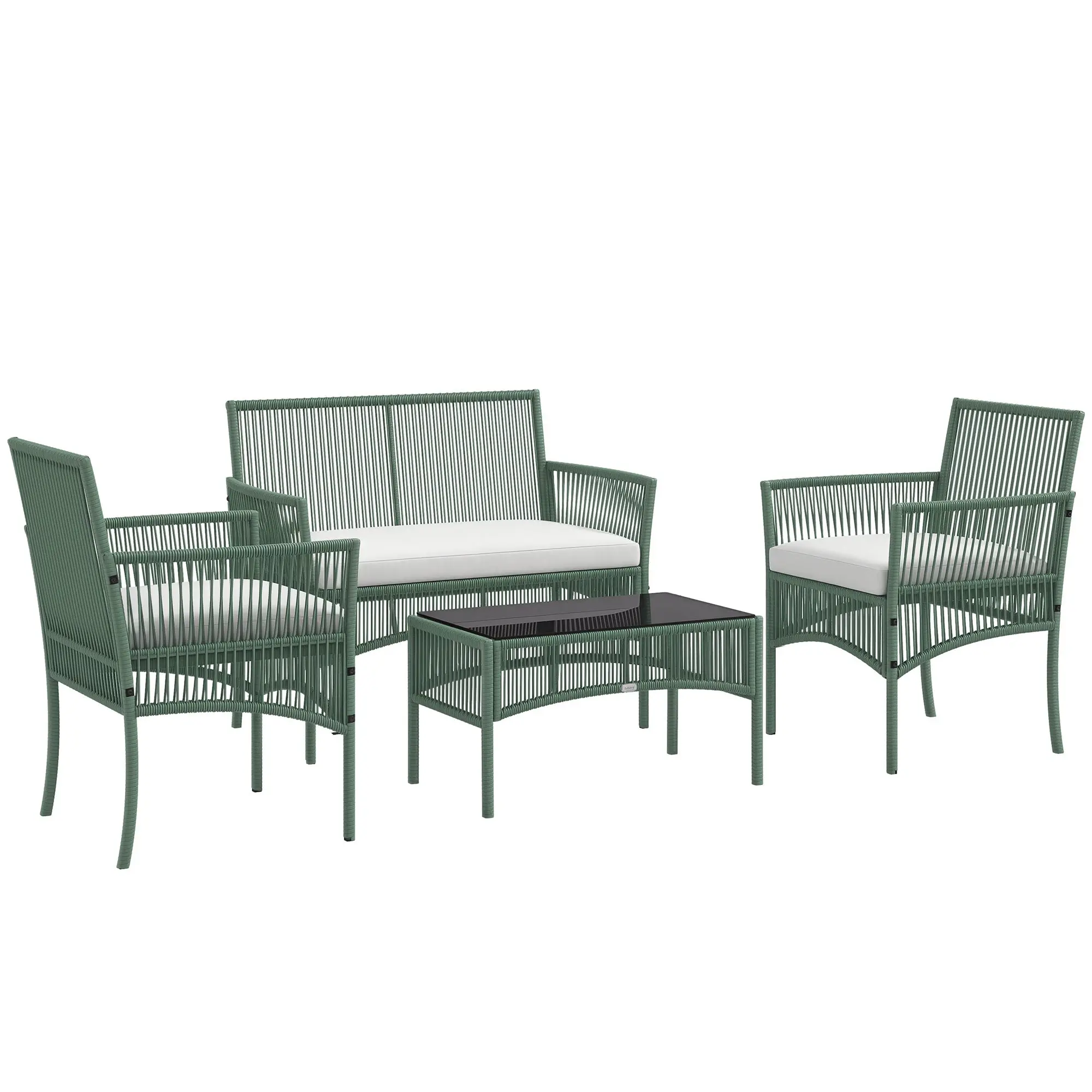 4-Piece Rattan Garden Set, Outdoor Set with 2 Outdoor Armchairs, Garden Sofa, and Garden Coffee Table, Green and Black