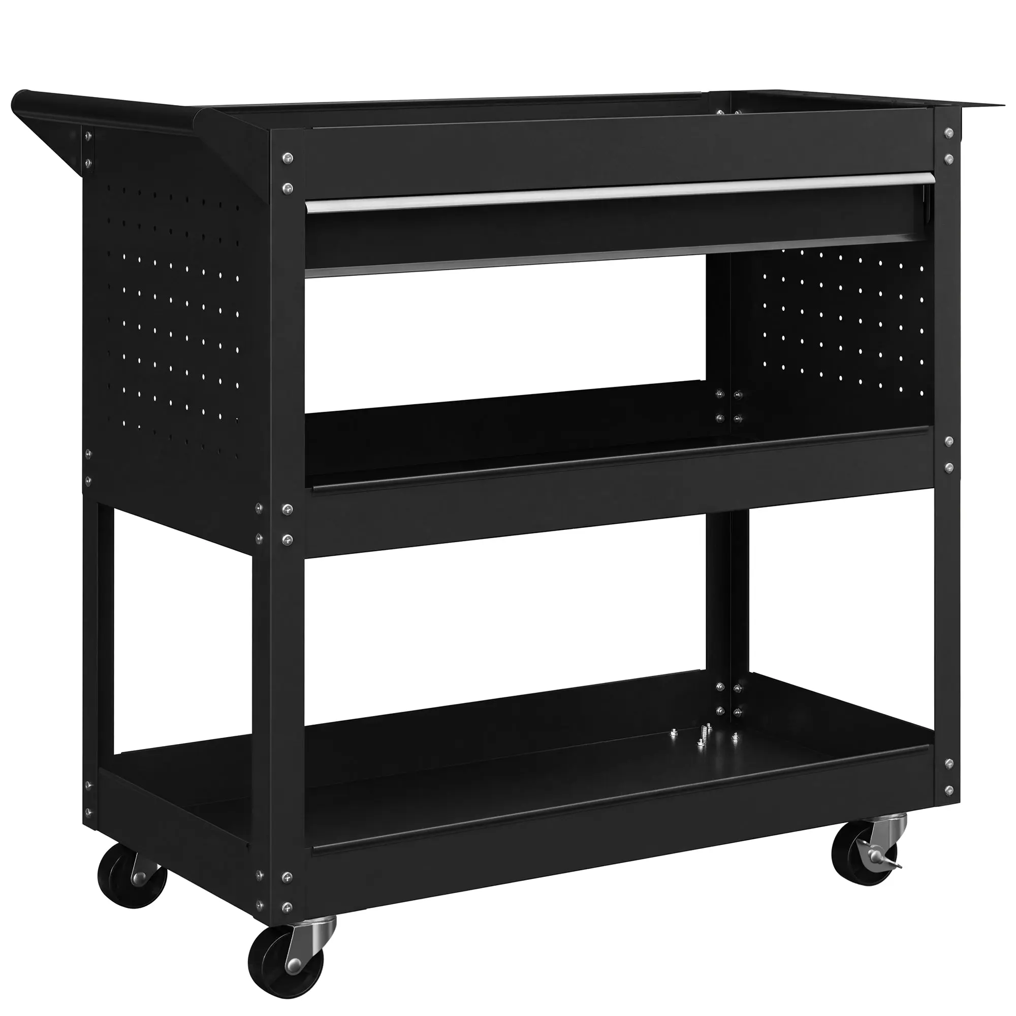 3-Tier Workshop Tool Cart with Drawer, Side Tool Panel & Handle – 32.3 x 13.8 x 29.9 in (82 x 35 x 76 cm), Black