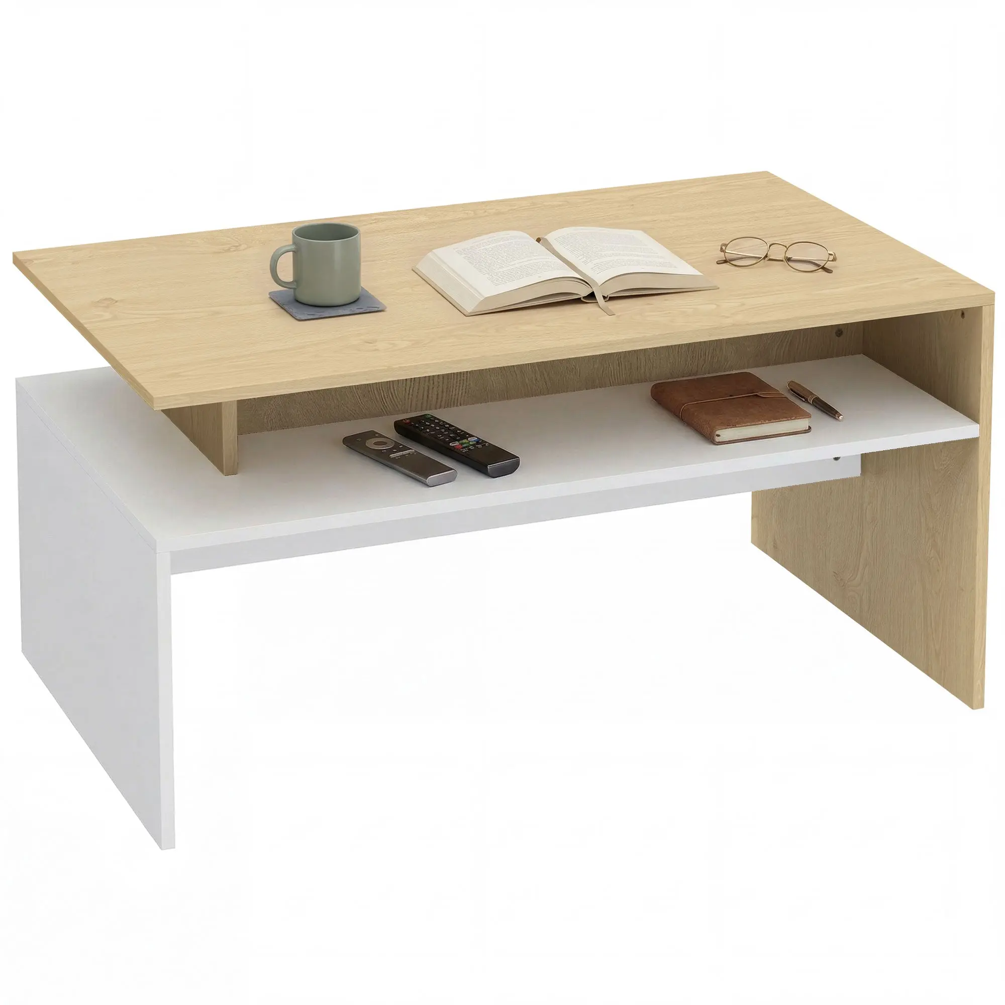 Modern Two-Tier Coffee Table with Storage Shelf, 37.4 x 21.7 x 19.7 in (Natural Wood/White)