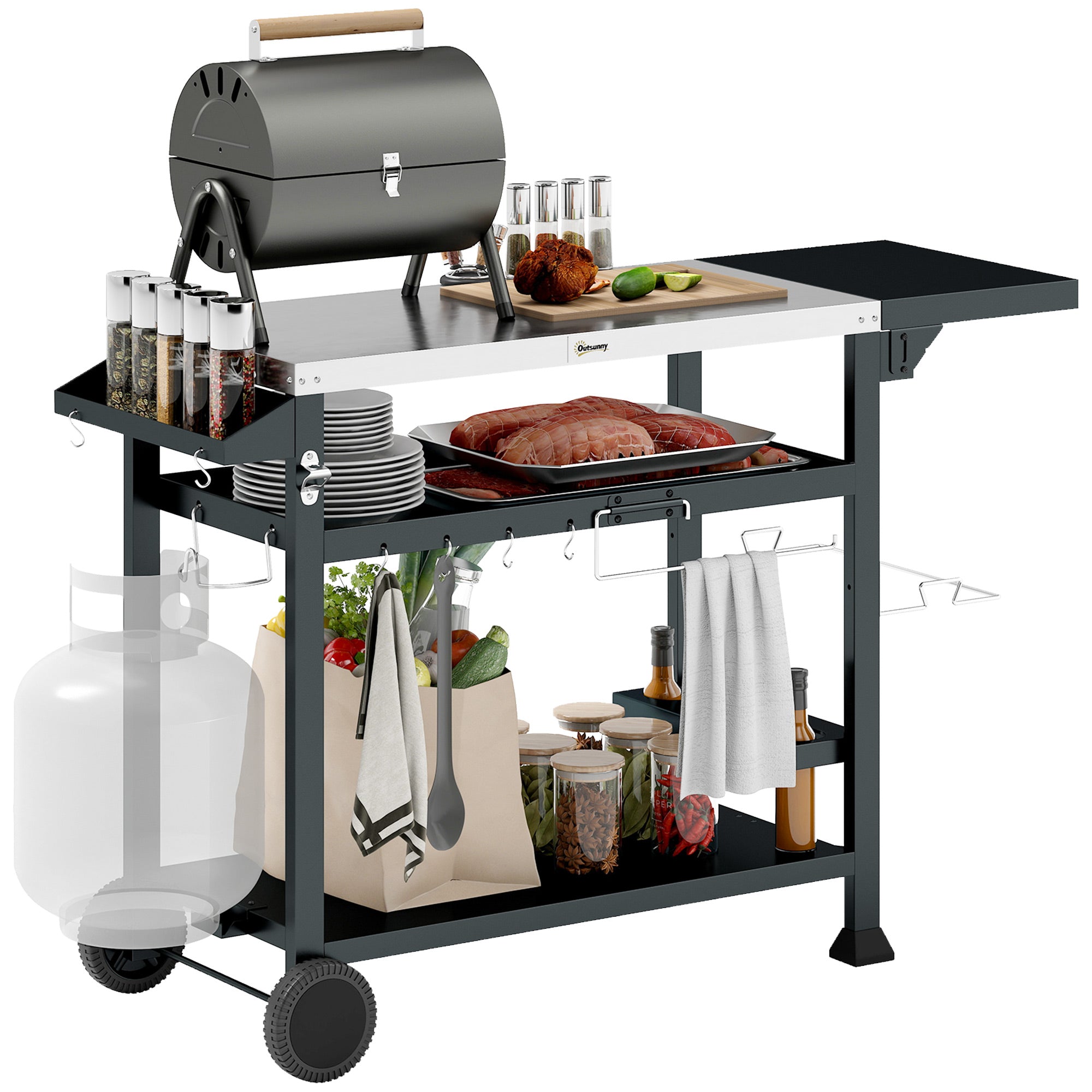 BBQ Grill Cart with Stainless Steel Worktop, Outdoor Kitchen Trolley with Folding Shelf, 3-Tier Storage, Wheels, Hooks and Bottle Holder
