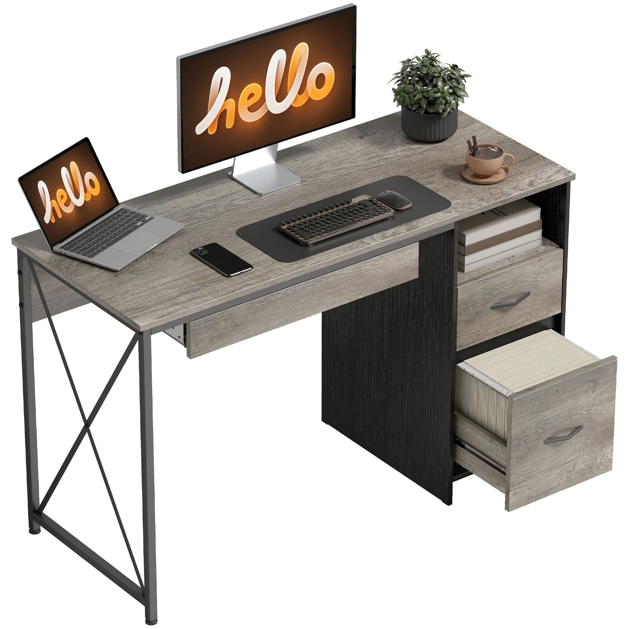 47.2×19.7 in Industrial Gaming Desk with Keyboard Tray, Open Shelf & 2 File Drawers for A4/Letter/Legal — Steel & Wood, Light Gray
