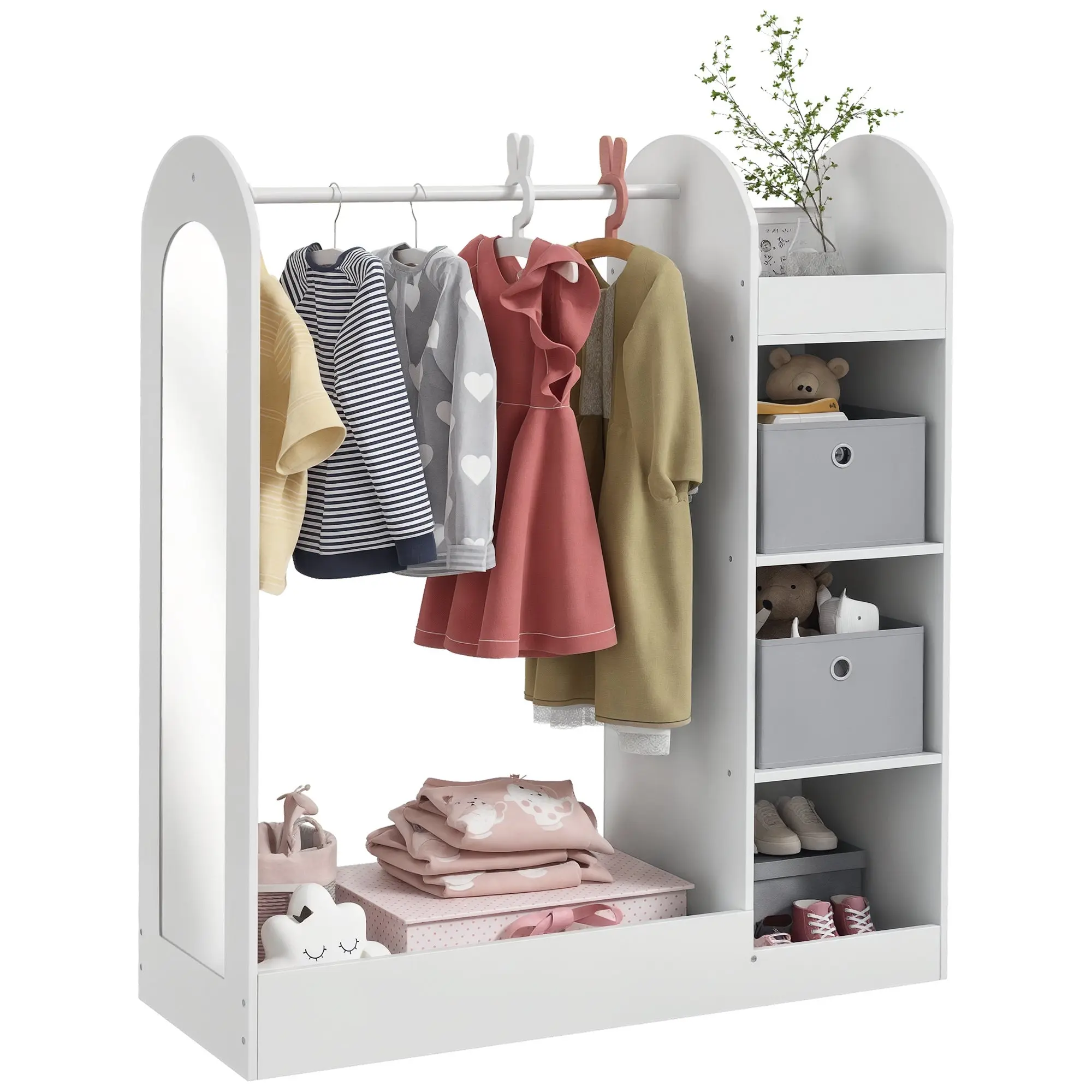 Kids' Coat Rack with Shelves, 2 Storage Bins, Hanging Rail & Mirror – Wooden Kids' Organizer, 66 lb Capacity, White