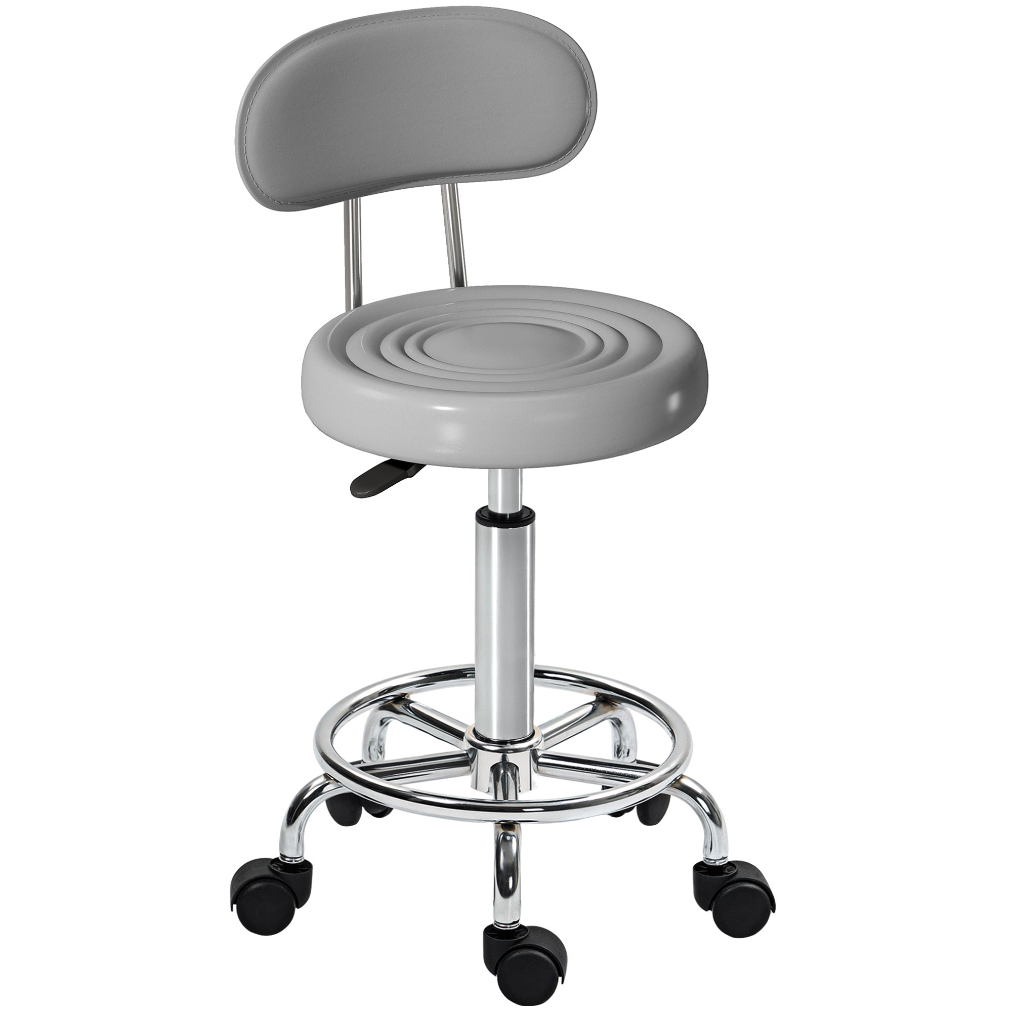 Tabouret roulant HOMCOM réglable avec dossier — Chaise pivotante pour salon/travail à roulettes, simili cuir, 32 x 40 x 70–86 cm, gris