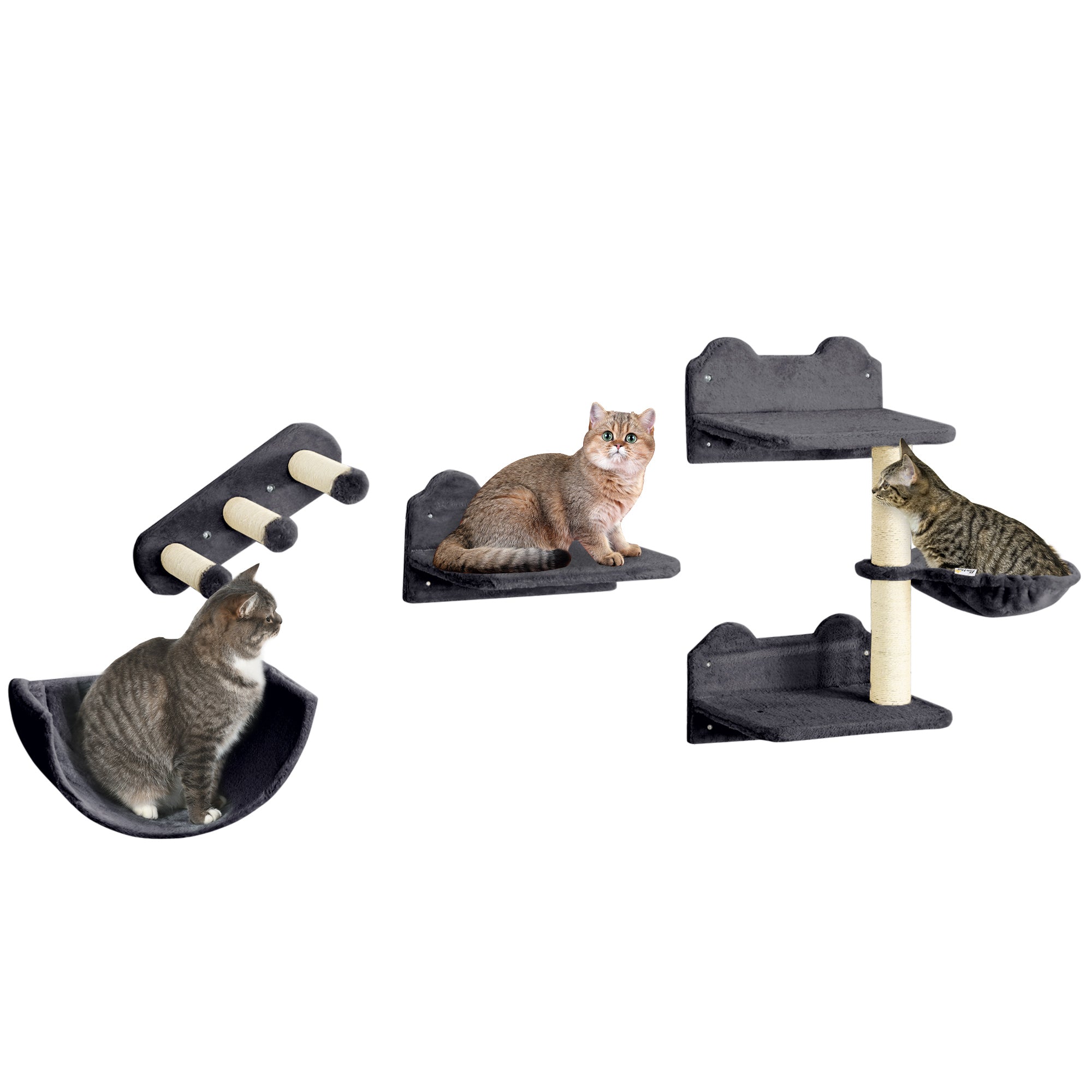 Wall-Mounted Cat Climbing Shelf Cat Shelves 4 Pieces with Hammock Nest Scratcher Jumping Platforms and Sisal Post Dark Gray