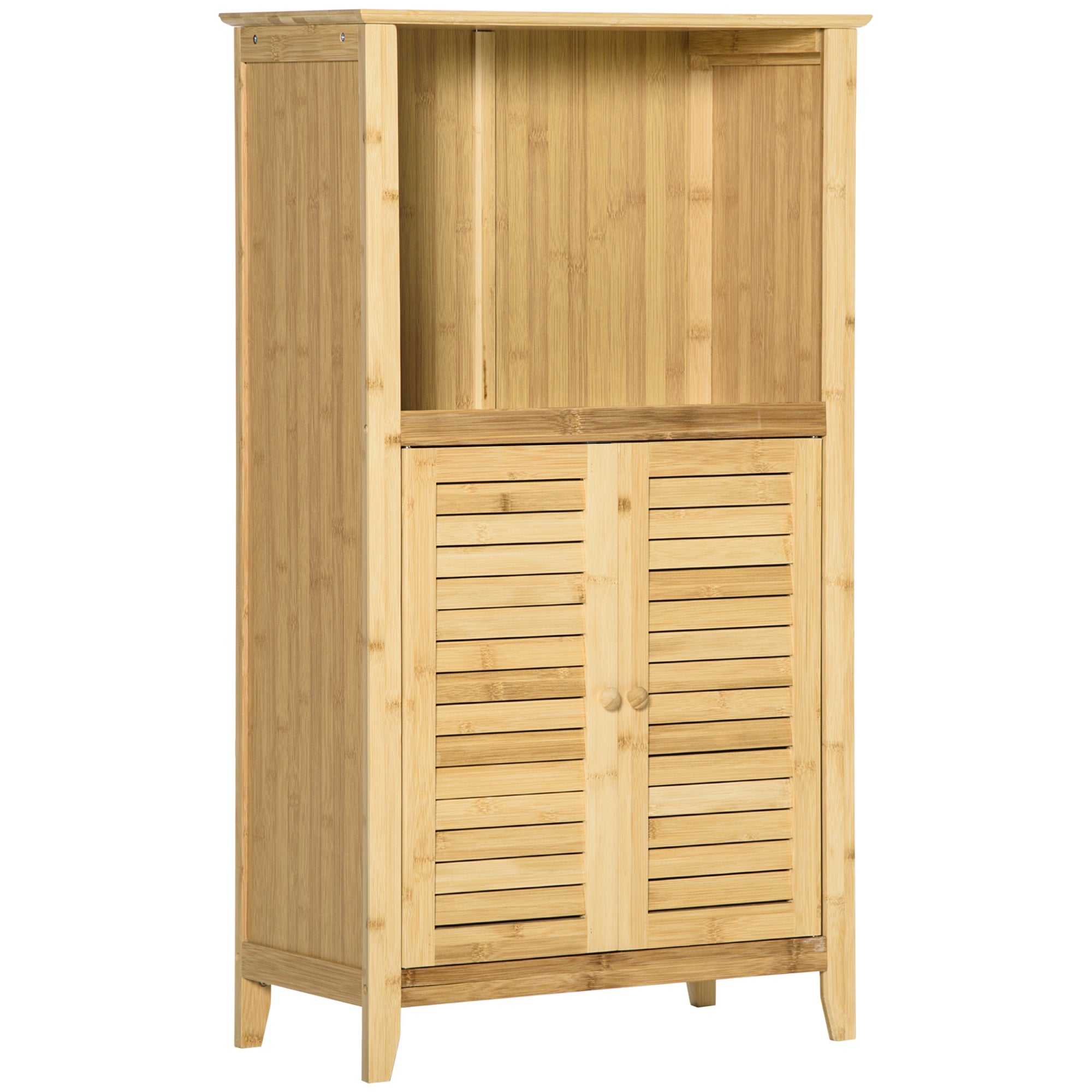 HOMCOM Badeværelses Skab med 2 Louvered Døre, Åben Hylde, Bambus, Opbevaringsskab til Badeværelse, Stue 50 x 25,5 x 92cm Natur