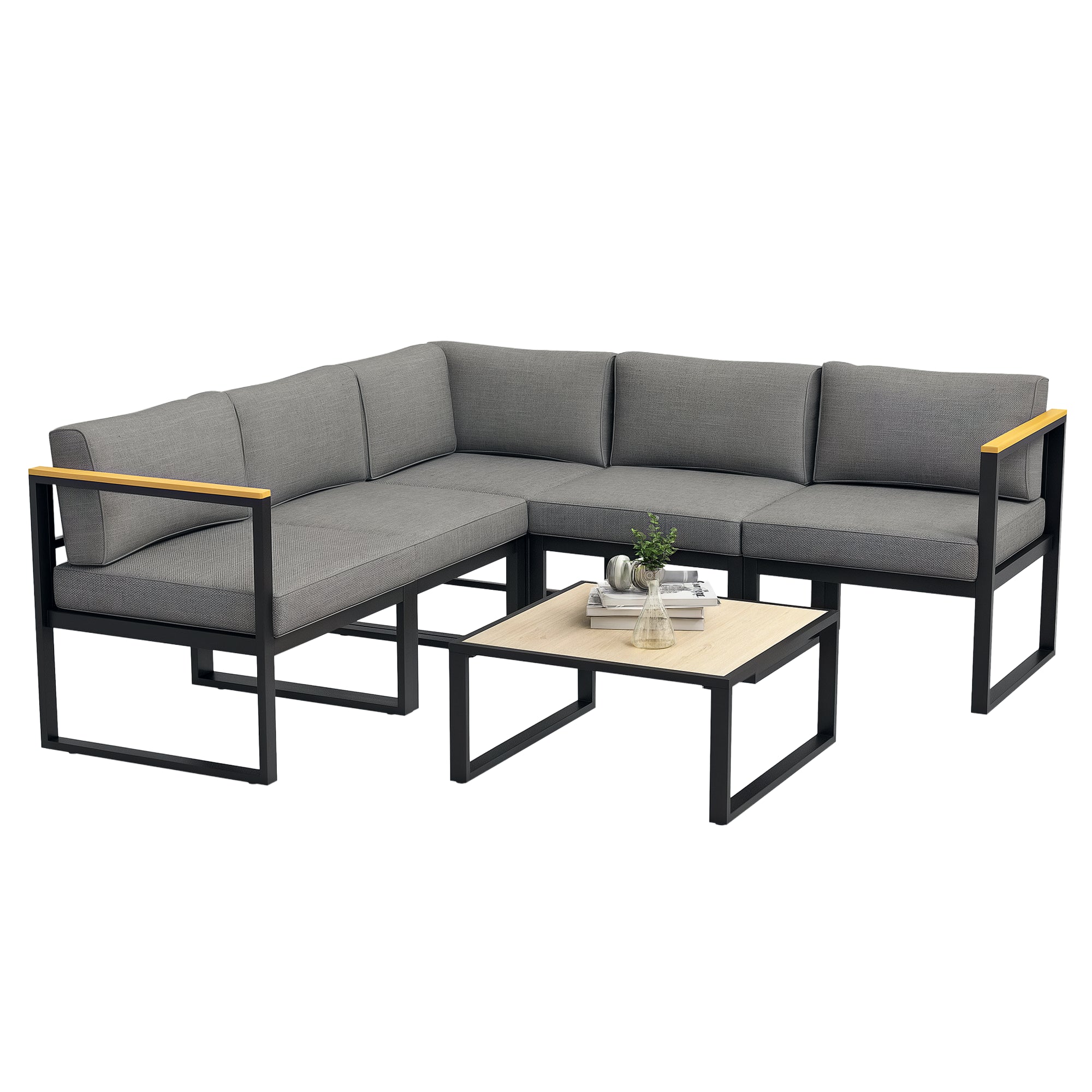 Garden Sofa Set 6 Piece Outdoor Lounge Set with Coffee Table, Grey Aluminium Patio Sectional Sofa with Thick Cushions, Modular Garden Corner Furniture for Patio, Terrace and Balcony